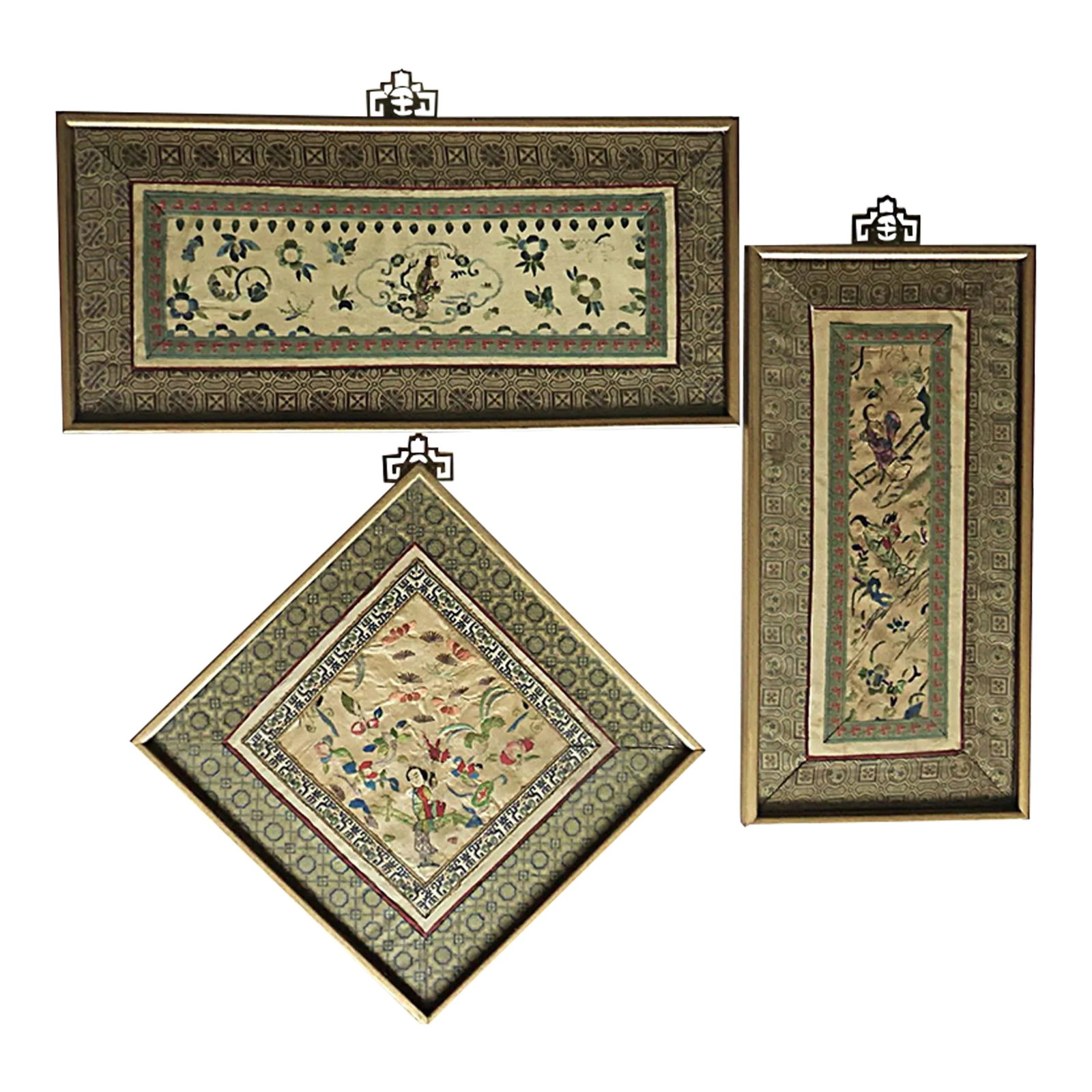 Set of 3 Asian Antique Embroidery Textile Art Framed Early 20th Century China: Set of 3 Chinese antique silk embroideries in gilt frames. Purchased in an antique shop in Hong Kong in 1973. The subject is depiction of Courtesans in daily routine with floral background.