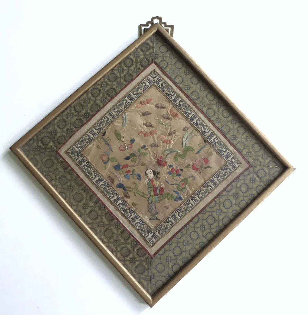Set of 3 Asian Antique Embroidery Textile Art Framed Early 20th Century China - 2