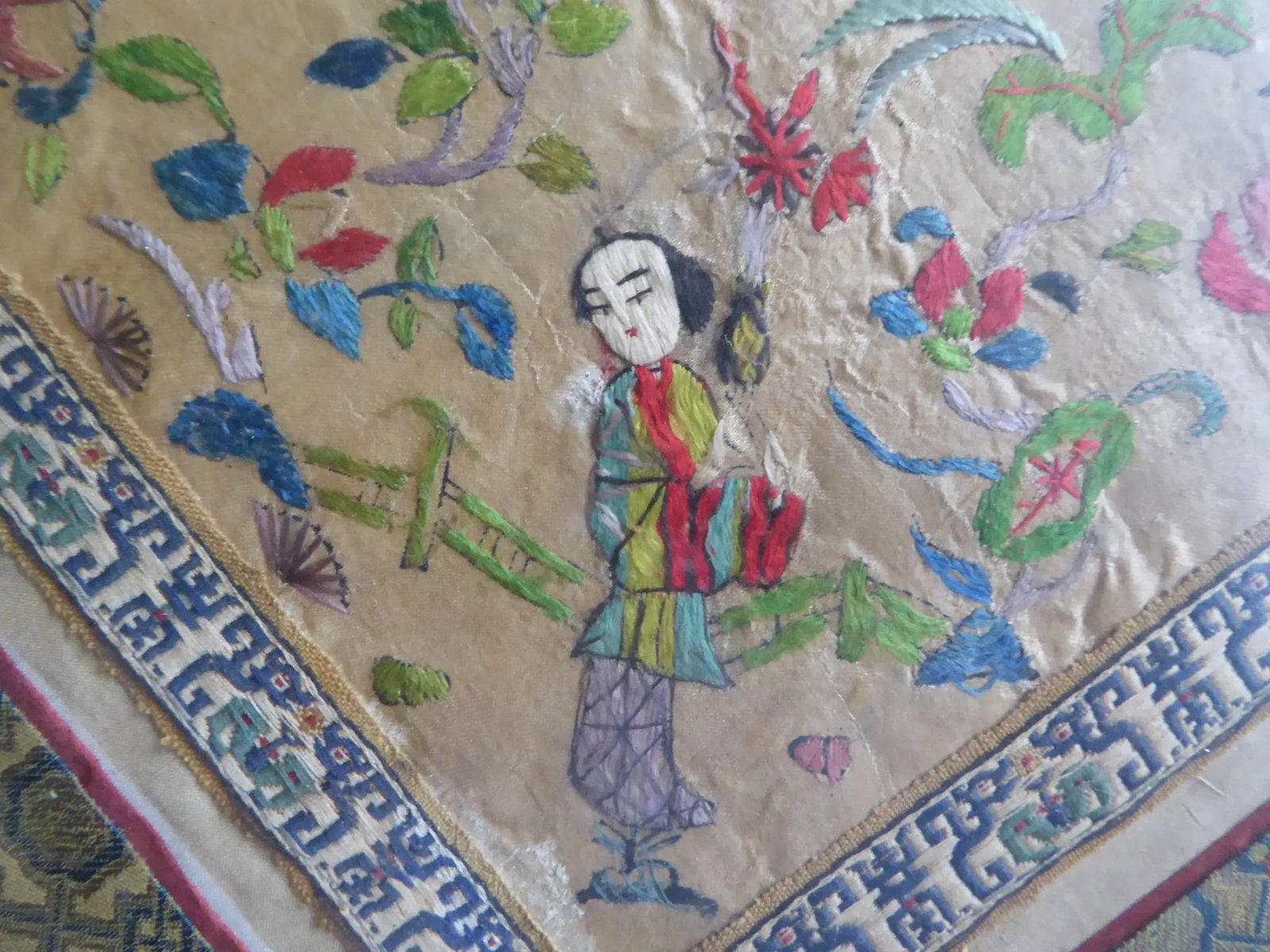 Set of 3 Asian Antique Embroidery Textile Art Framed Early 20th Century China - 4