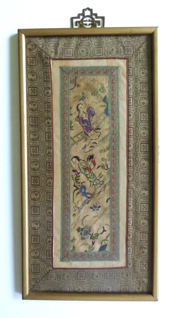 Set of 3 Asian Antique Embroidery Textile Art Framed Early 20th Century China - 9