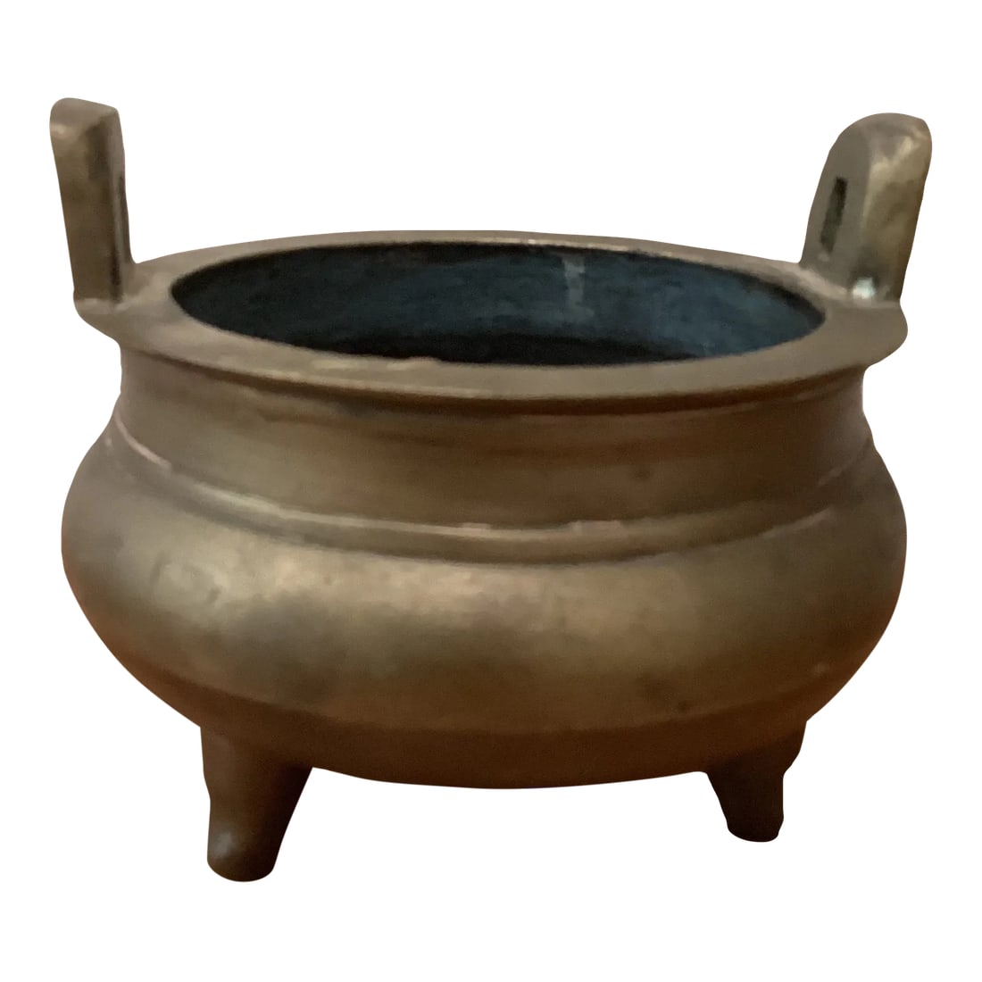 Vintage Chinese Oriental Finish Metal Incense Burner Accent With Two Holders Three Feet Carved Six C: Oriental Old Finish Metal Incense Burner W/Two Holders Three Feet Carved Six Characters of Xuande Mark on Base Condition: Alterations: Original Condition Unaltered Imperfections: Some Imperfections Co