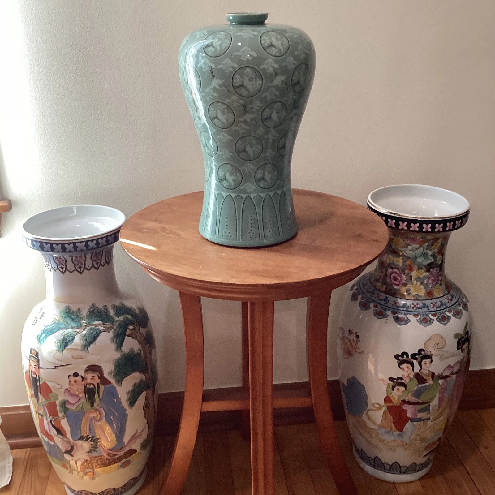 Mid 20th Century Korean Meiping Porcelain Celadon Crackle Glazed Flying Granes & Clouds Pattern Inla - 10
