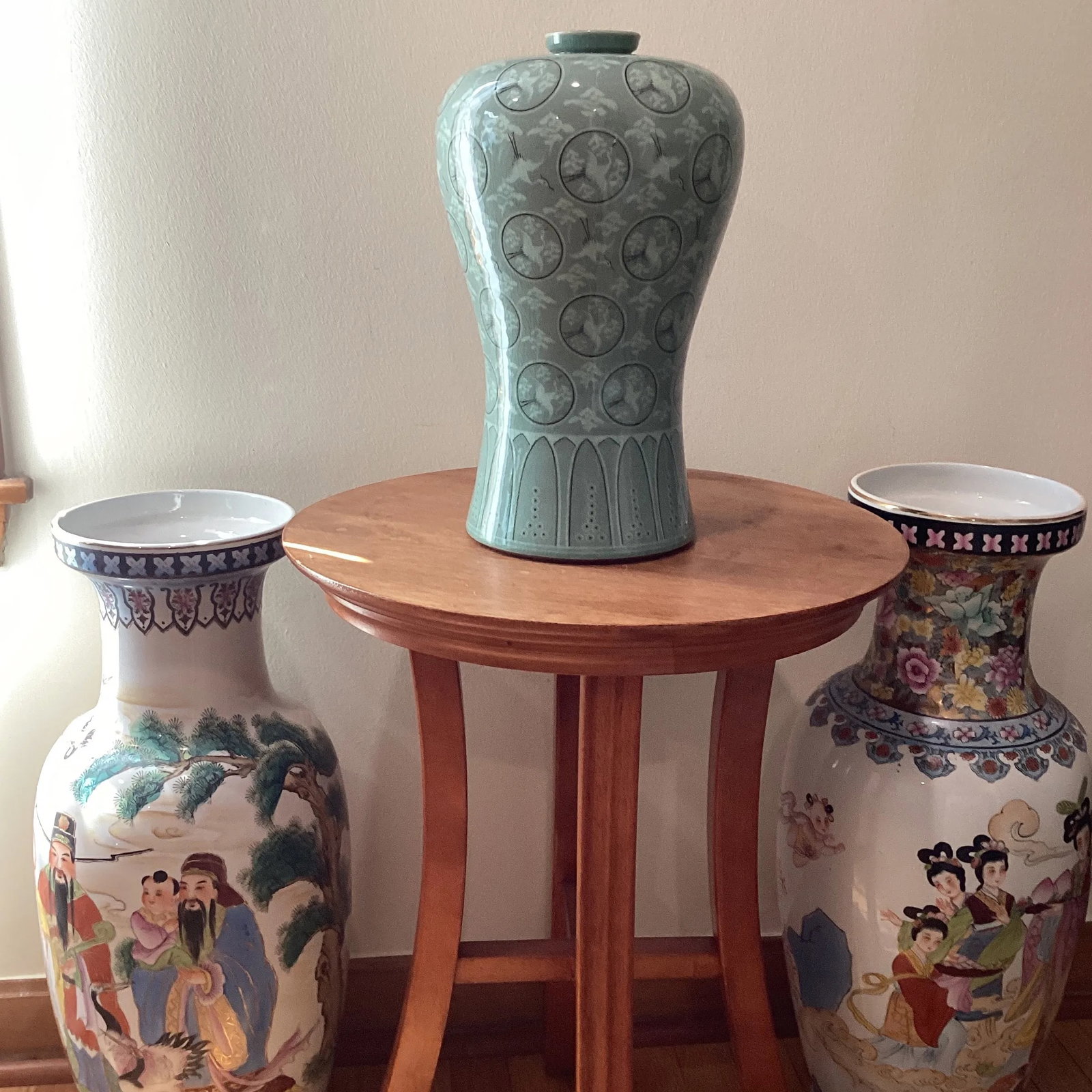 Mid 20th Century Korean Meiping Porcelain Celadon Crackle Glazed Flying Granes & Clouds Pattern Inla - 12