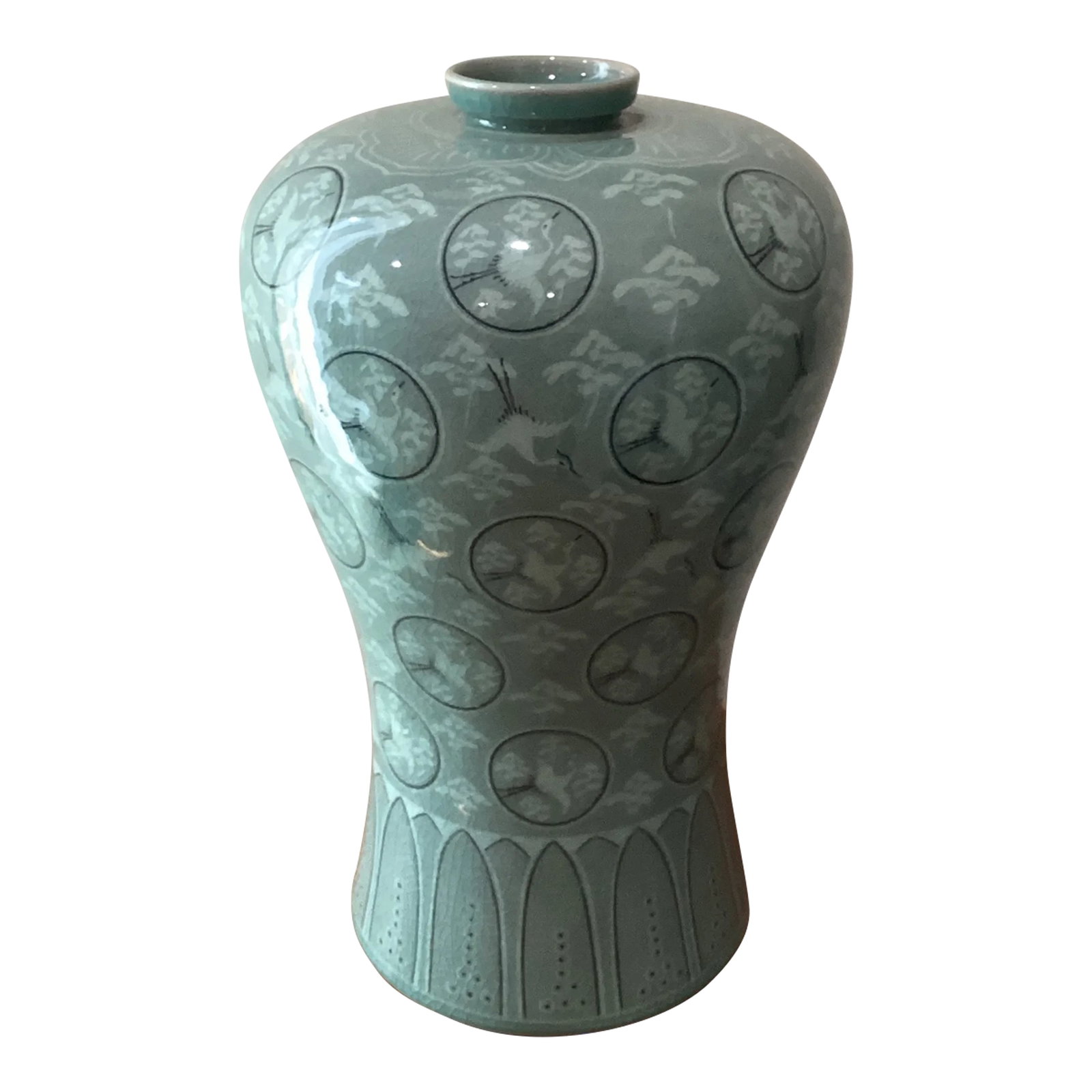 Mid 20th Century Korean Meiping Porcelain Celadon Crackle Glazed Flying Granes & Clouds Pattern Inla: Korean Meiping Porcelain Celadon Crackle Glazed Flying Granes & Clouds Pattern Inlay Design Prunus Vase Condition: Alterations: Original Condition Unaltered Imperfections: Some Imperfections