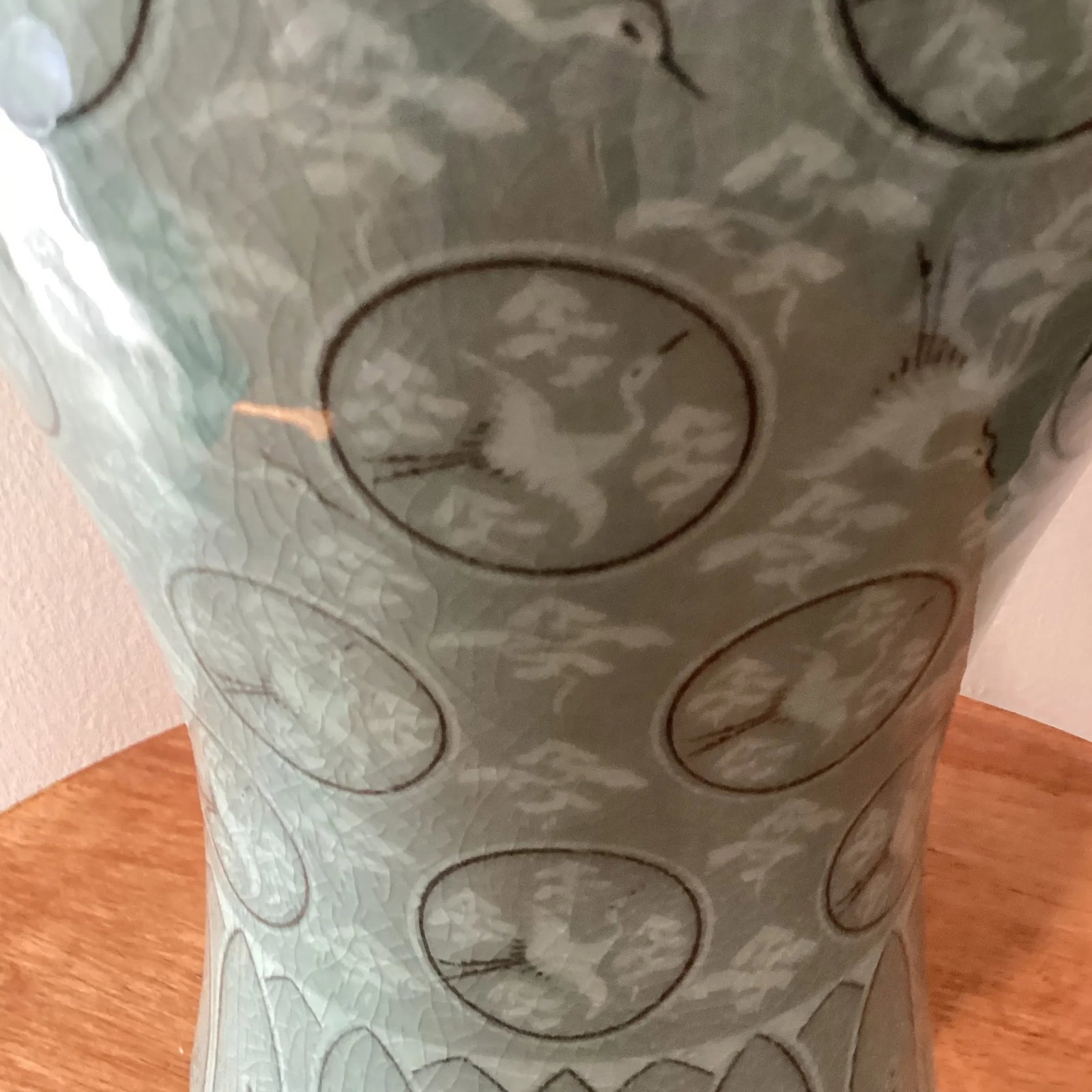Mid 20th Century Korean Meiping Porcelain Celadon Crackle Glazed Flying Granes & Clouds Pattern Inla - 4