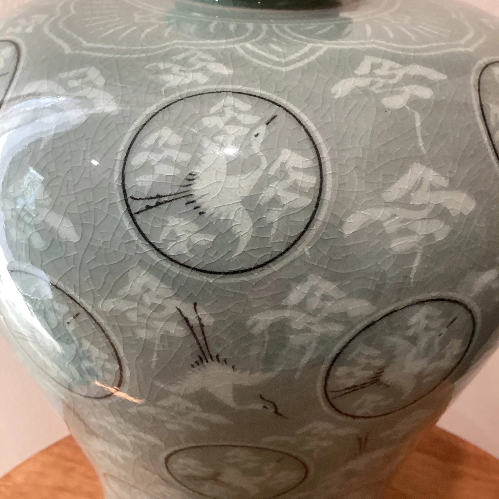 Mid 20th Century Korean Meiping Porcelain Celadon Crackle Glazed Flying Granes & Clouds Pattern Inla - 5