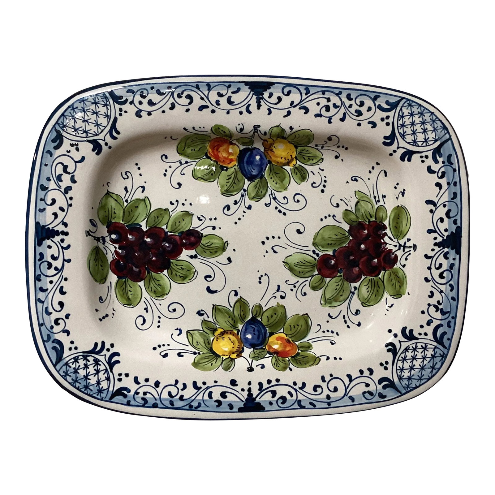 Vintage Orvieto Ceramic Rectangular Platter with Hand Painted Grape & Fruit Motifs, Artist Signed It: This is a very old and traditional pattern that originated during the Renaissance in the hill-top town of Orvieto - Italy. Truly one of Italy's most unique and interesting cities, Orvieto has a charmi