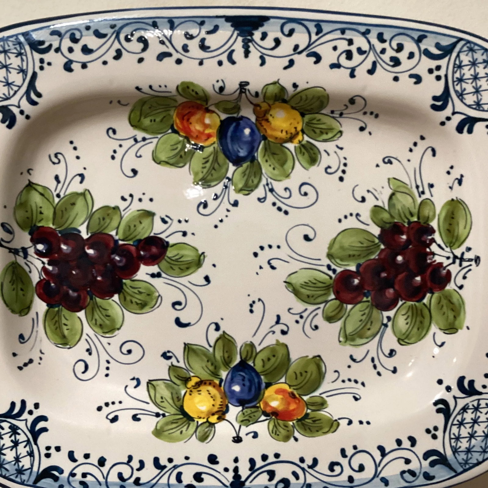Vintage Orvieto Ceramic Rectangular Platter with Hand Painted Grape & Fruit Motifs, Artist Signed It - 2