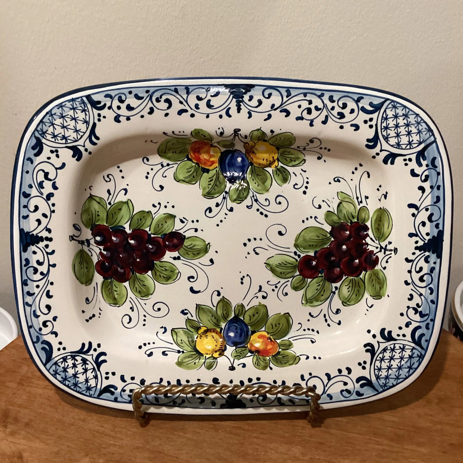 Vintage Orvieto Ceramic Rectangular Platter with Hand Painted Grape & Fruit Motifs, Artist Signed It - 7