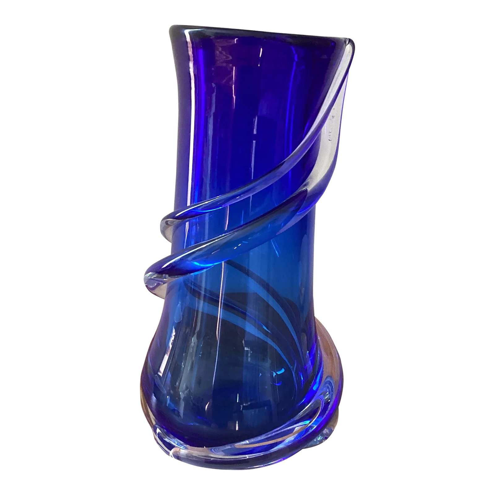 Mid 20th Century Modern Cobalt Blue Murano Style Art Glass Vase: Mid Century Modern art glass vase in very good, original, clean and undamaged condition This vase made of high quality Italian blue tone glass with a fantastic formed structure. Condition: