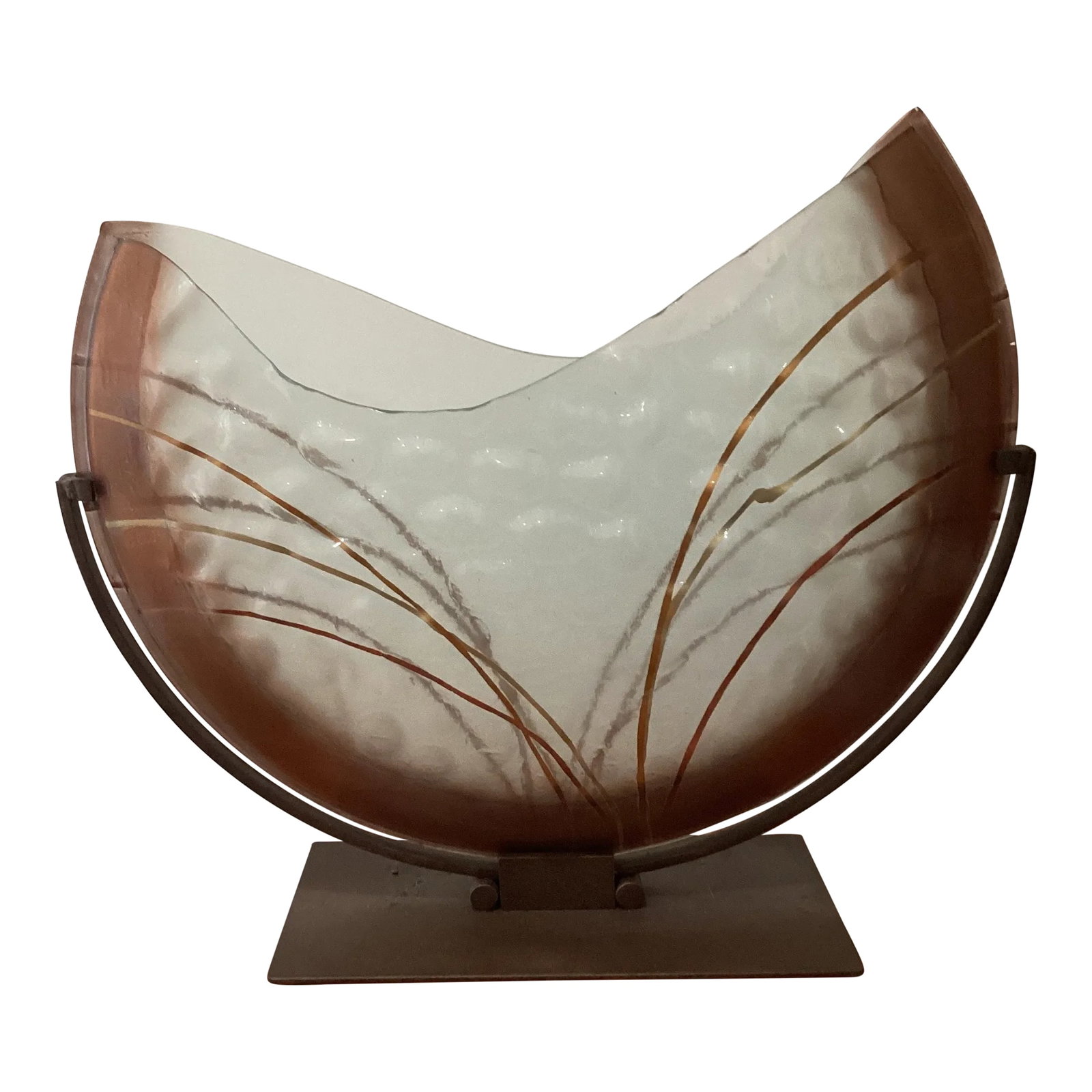Mid 20th Century Abstract Modern Art Press Bobble Glass Dimple Vase With Iron Stand by Mark Hines De: Large Scale Abstract Modern Art Press Bobble Glass Dimple Vase With Iron Stand by Mark Hines Designs This is a stunning one-of-a-kind piece! Condition: Alterations: Original Condition Unaltered