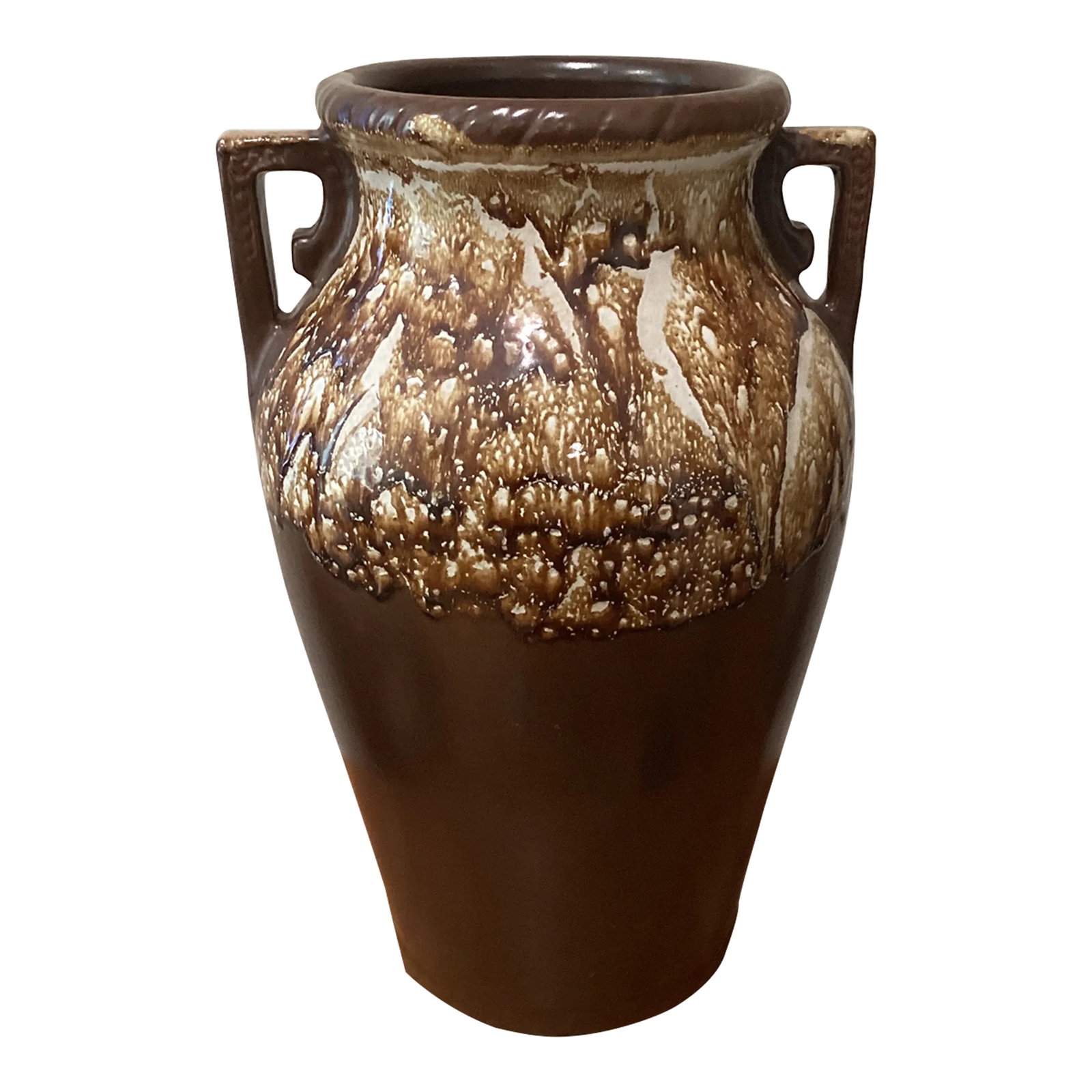Antique Robinson-Ransbottom Pottery Co Roseville Ohio Stoneware Twin Handle Brown Jug Pot # 155: Antique R.R.P. Co Roseville Ohio Stoneware Twin Handle 19" brown Jug brown and beige finish, twin handles, quality American craftsmanship. In 1900, Frank Ransbottom and his brother started a pottery