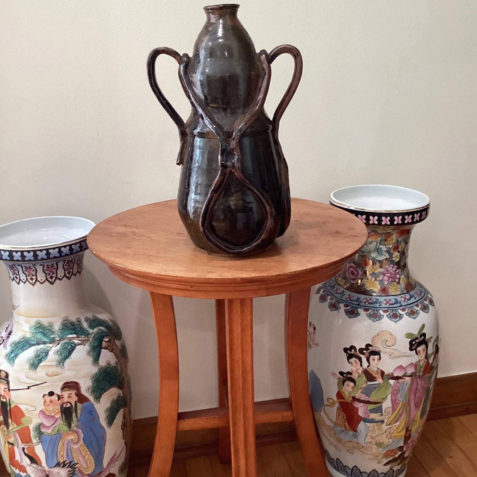 Vintage Art Nouveau Curved Shape Earthenware Double Handle Vase With Makes Mark - 11