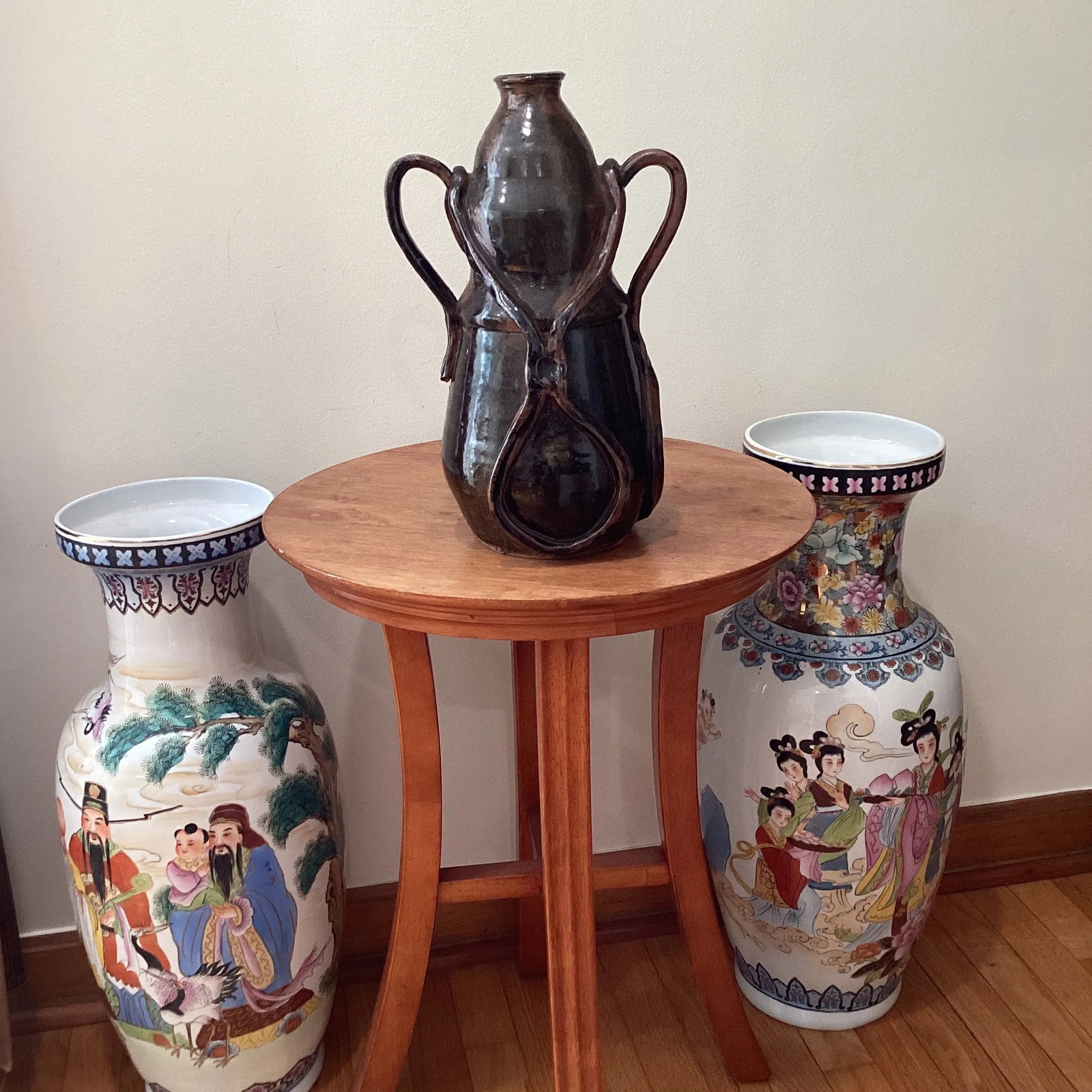 Vintage Art Nouveau Curved Shape Earthenware Double Handle Vase With Makes Mark - 12