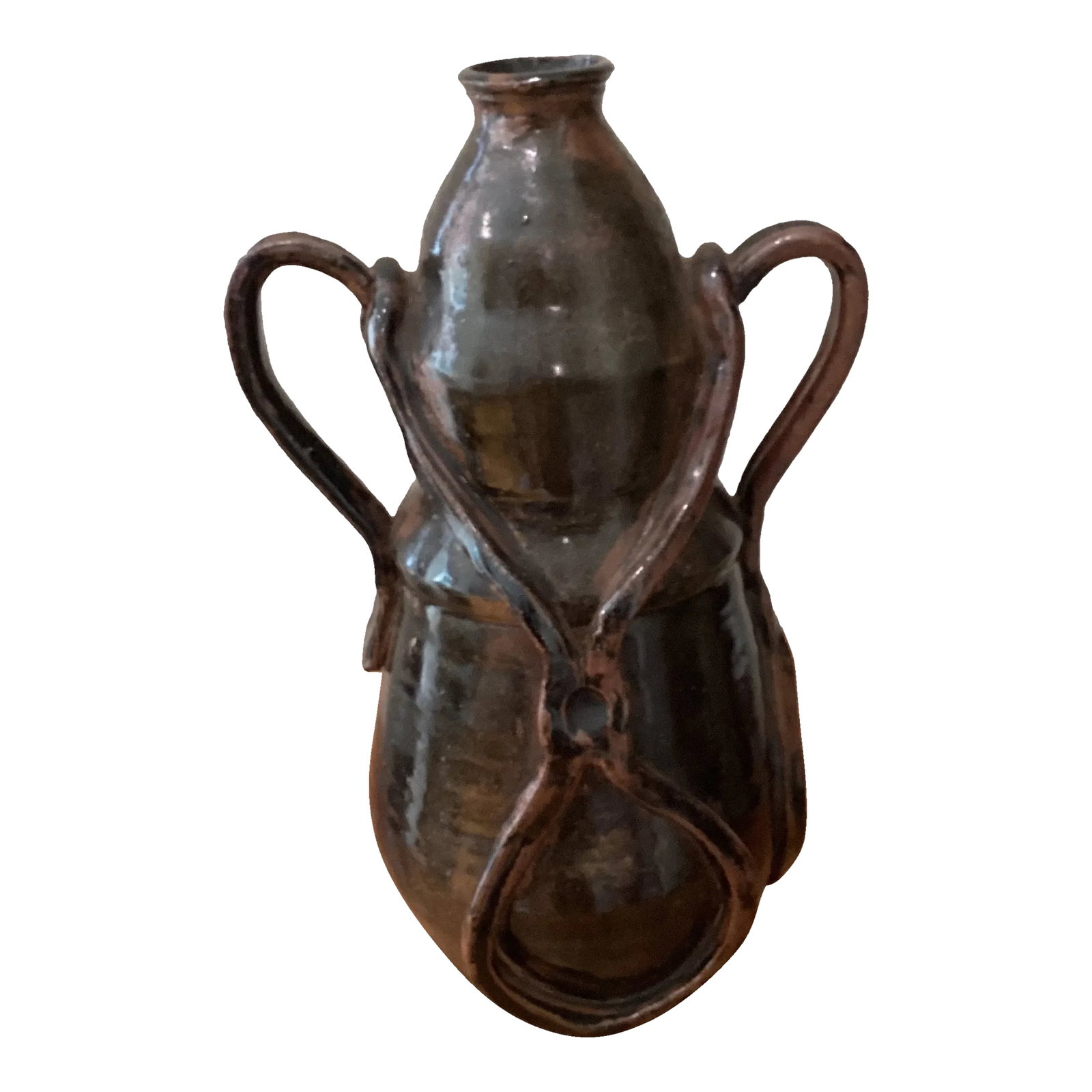 Vintage Art Nouveau Curved Shape Earthenware Double Handle Vase With Makes Mark: Unusual Art Nouveau earthenware vase of bottle form with large gilded handles. Discover the rustic charm of this earthenware vase with a handle, featuring a deep and rich dark brown hue. The unique cu