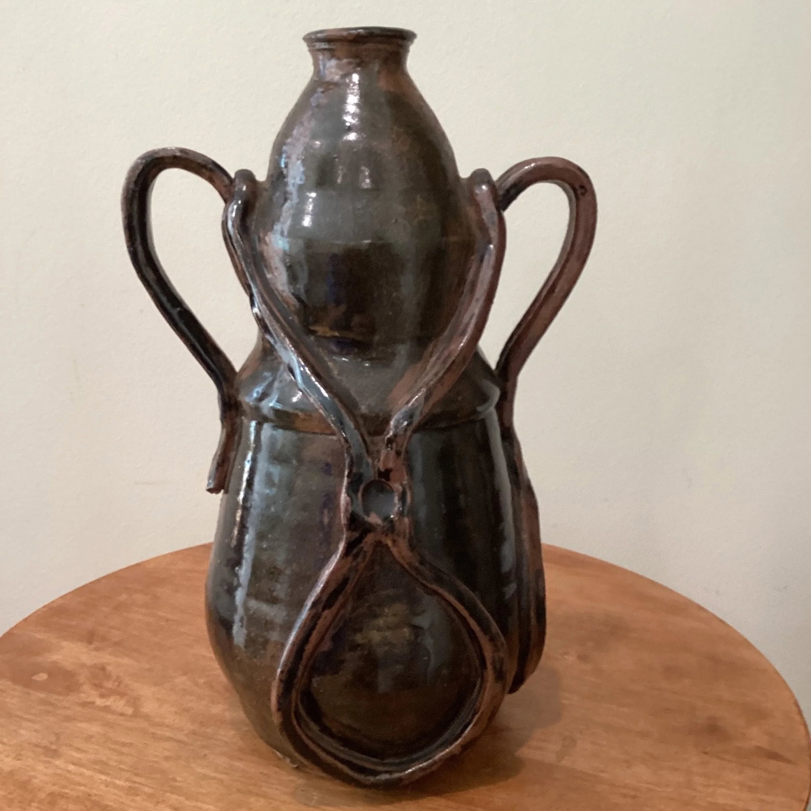 Vintage Art Nouveau Curved Shape Earthenware Double Handle Vase With Makes Mark - 2