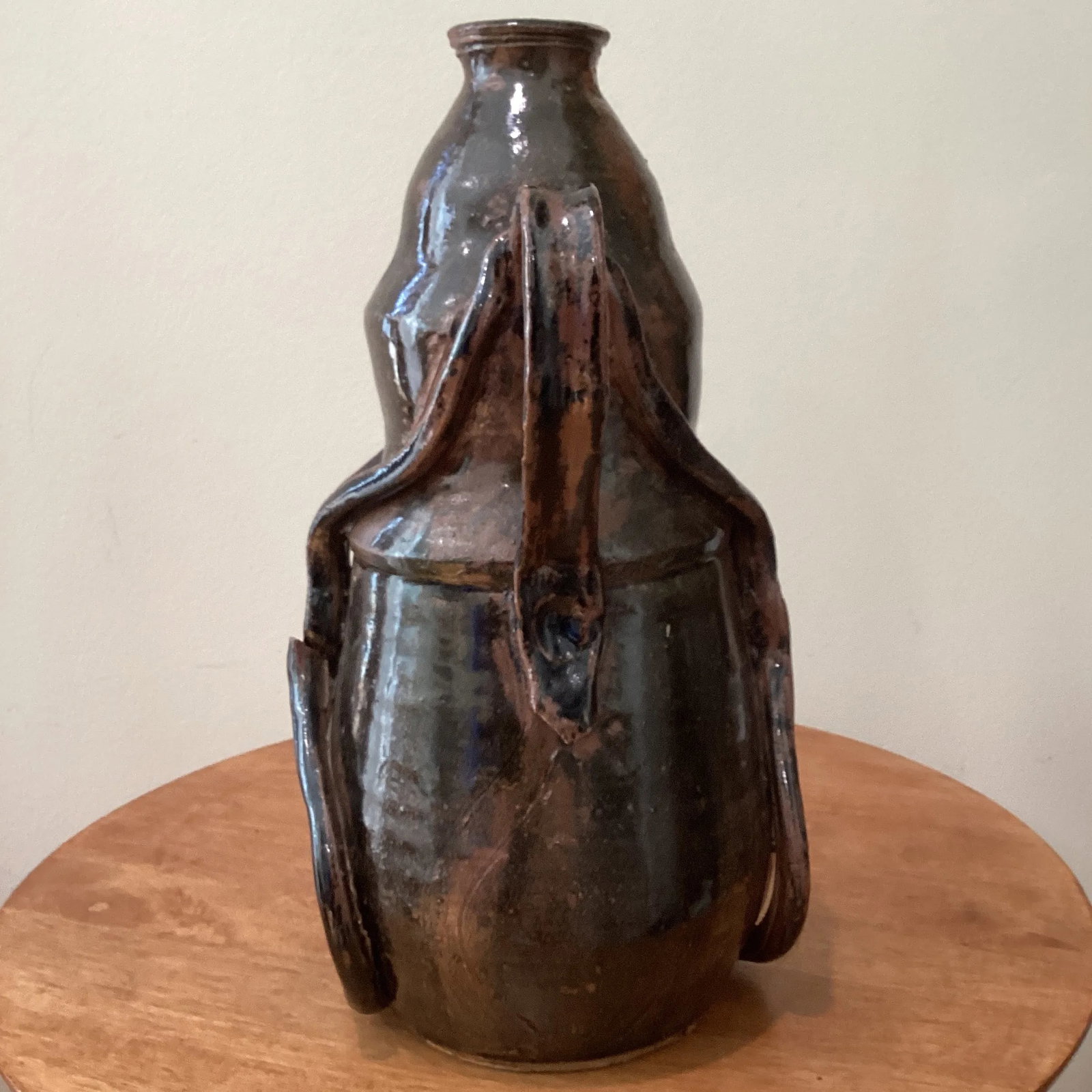 Vintage Art Nouveau Curved Shape Earthenware Double Handle Vase With Makes Mark - 3
