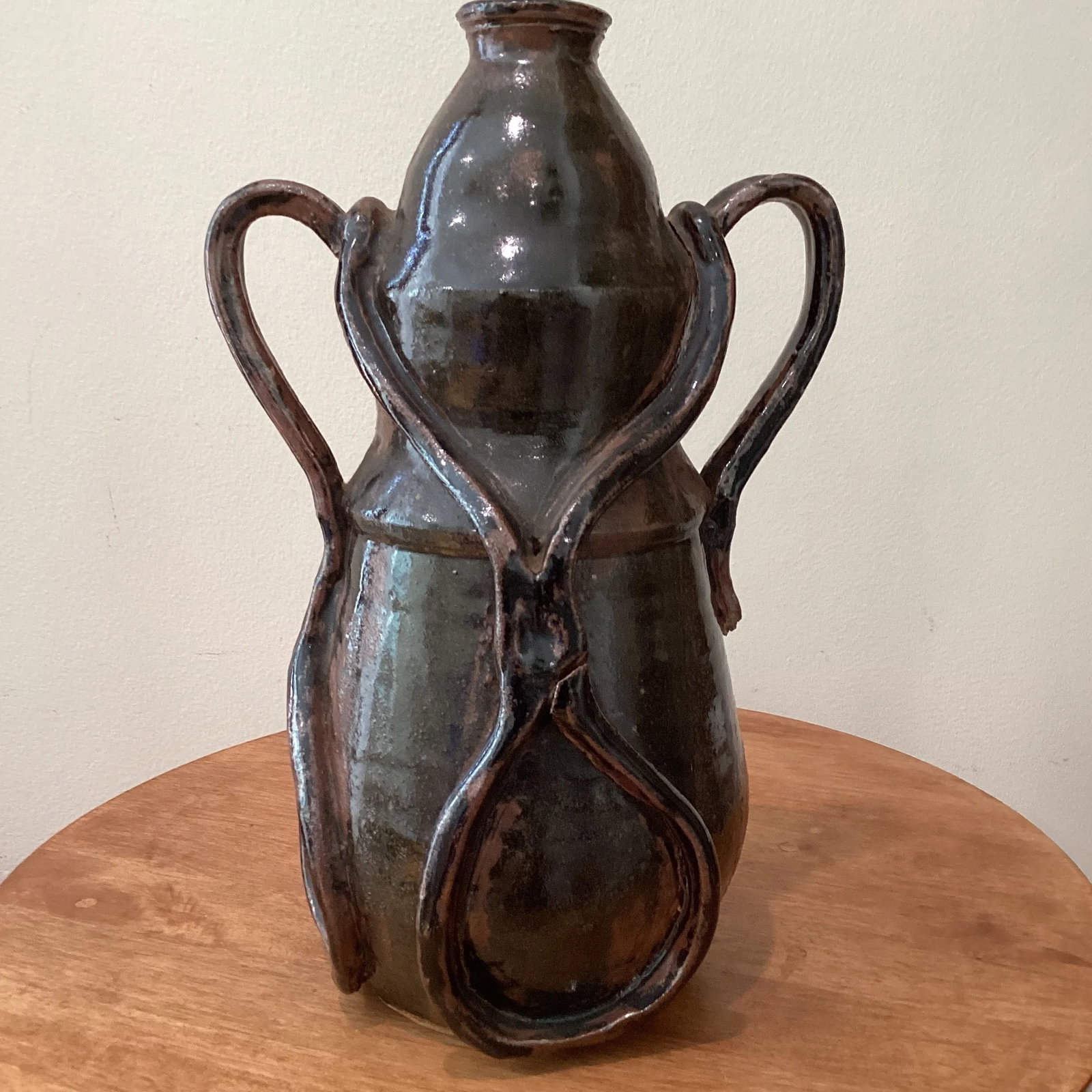 Vintage Art Nouveau Curved Shape Earthenware Double Handle Vase With Makes Mark - 4