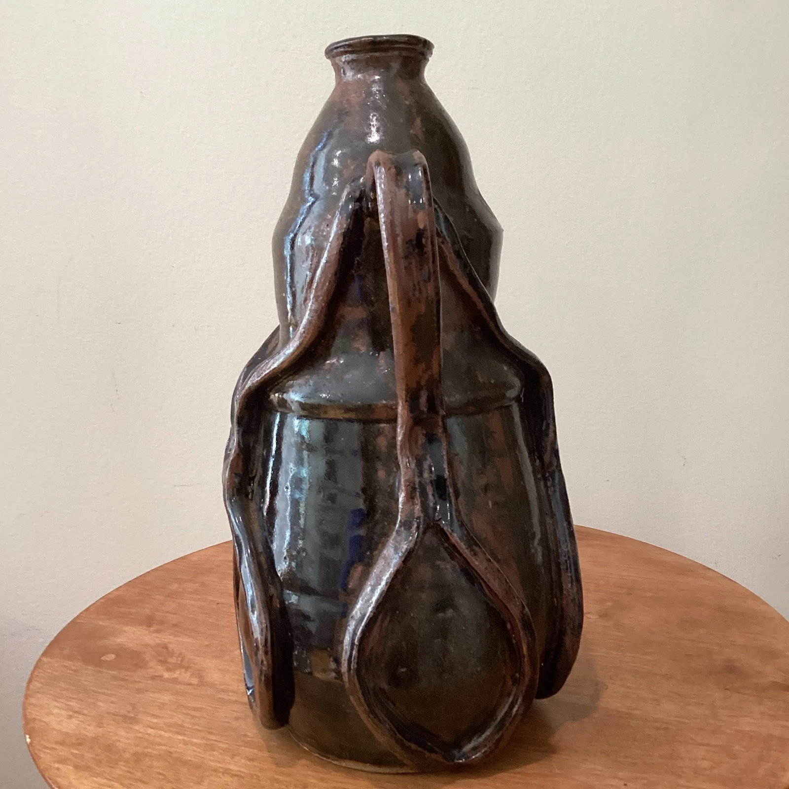 Vintage Art Nouveau Curved Shape Earthenware Double Handle Vase With Makes Mark - 5