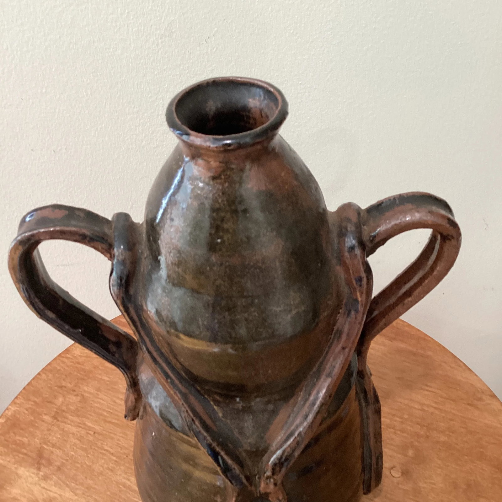 Vintage Art Nouveau Curved Shape Earthenware Double Handle Vase With Makes Mark - 7