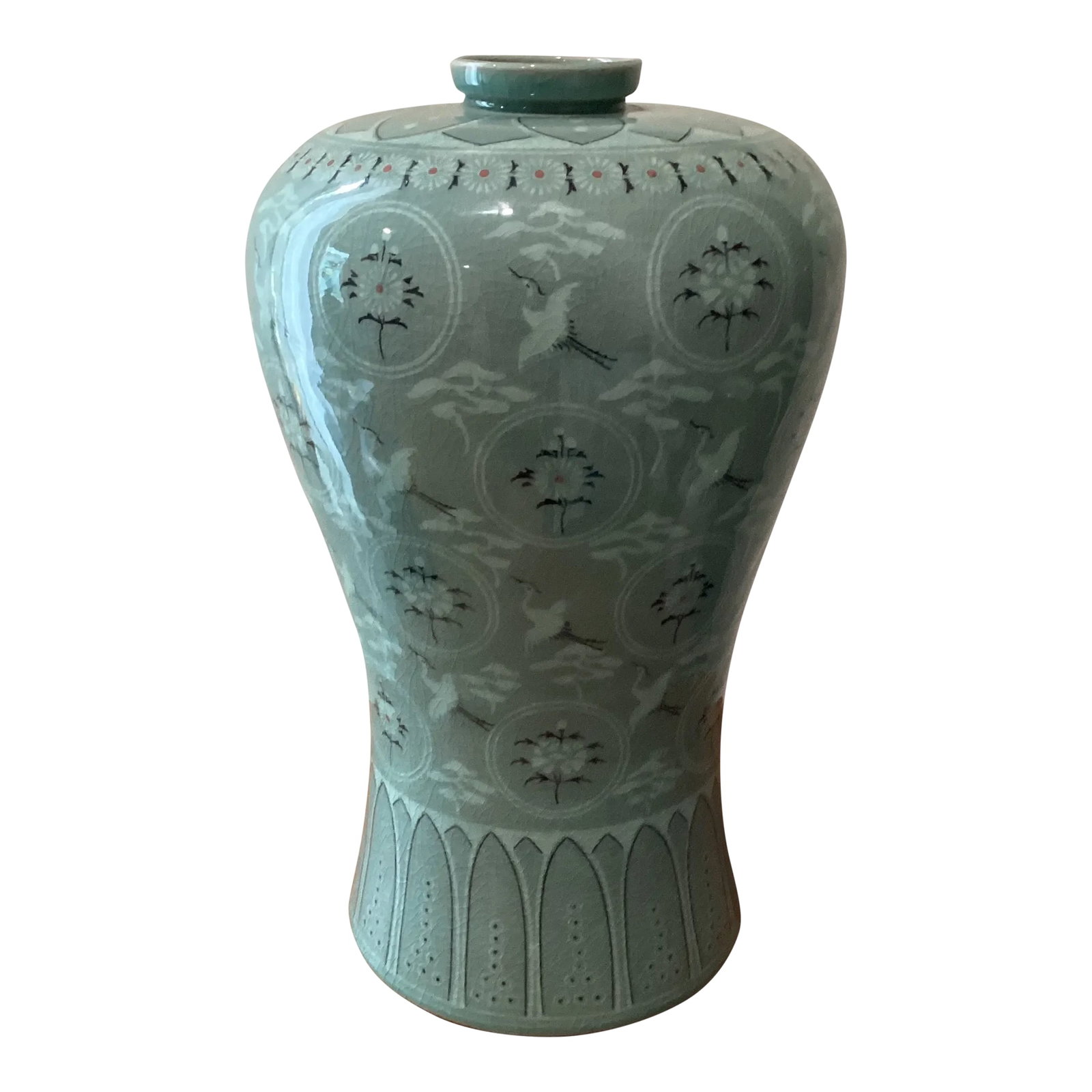 Mid 20th Century Korean Porcelain Meiping Celadon Crackle Claze Inlaid Fly Granes & Chrysanthemum Fl: Korean Celadon Mid-Century Meiping Vase We are selling this attractive Korean celadon vase. This vase is styled in the manner of early celadon wares particularly from the Koryo dynasty with geese in f