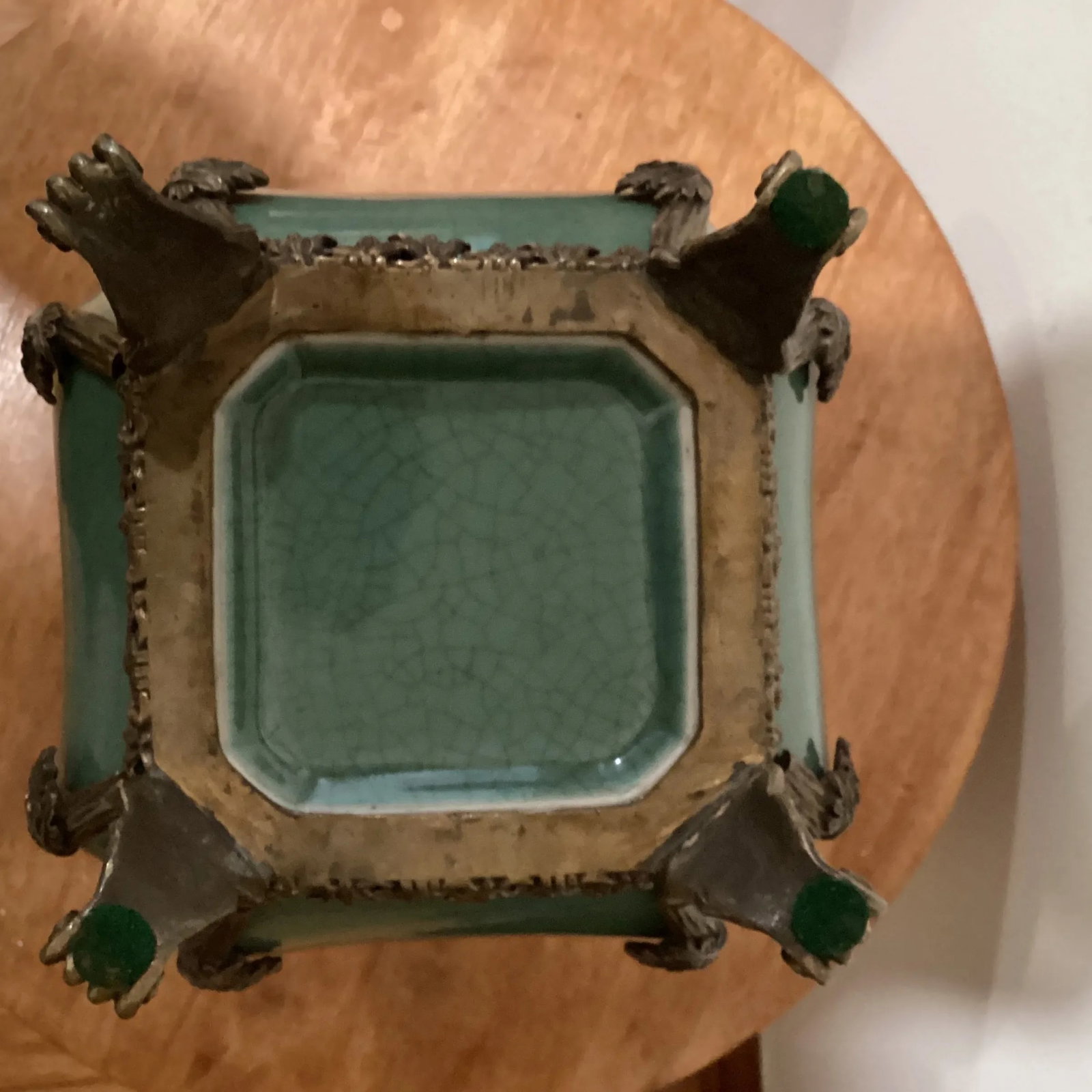 Vintage Emerald Crackled Porcelain Footed Vase/Amphora Urn With Bronze Mount - 10