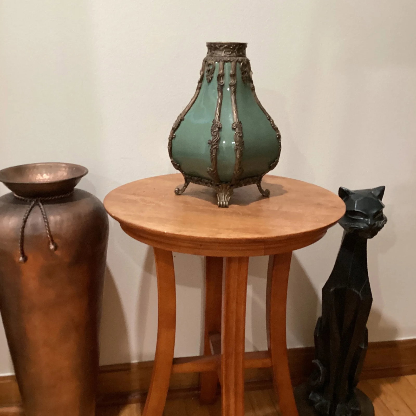 Vintage Emerald Crackled Porcelain Footed Vase/Amphora Urn With Bronze Mount - 12