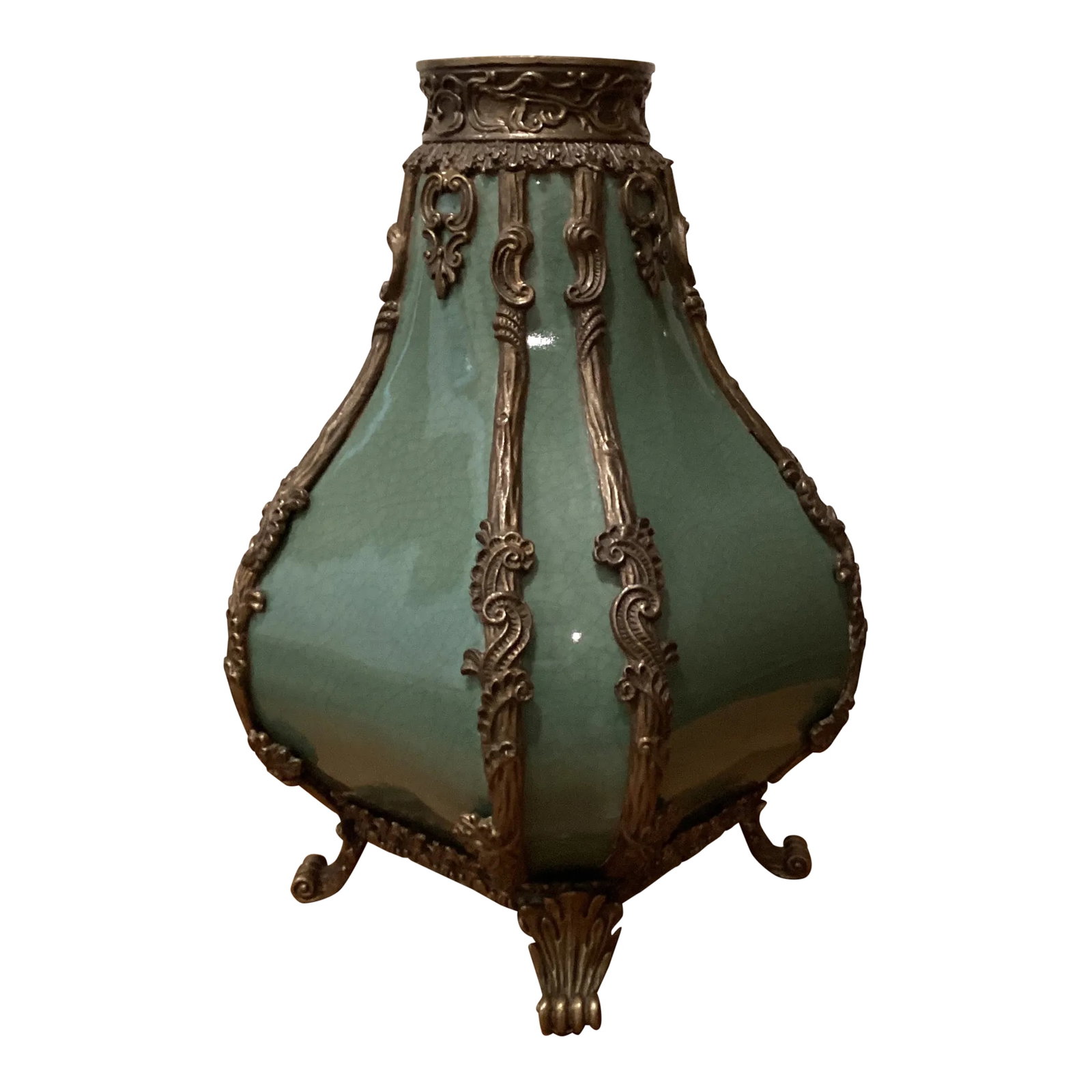 Vintage Emerald Crackled Porcelain Footed Vase/Amphora Urn With Bronze Mount: Vintage Emerald Crackled Porcelain Footed Vase/Amphora Urn with Bronze Mount Behold the elegance Porcelain with Bronze Vase/Amphora Urn stunning masterpiece of artistry and craftsmanship. This