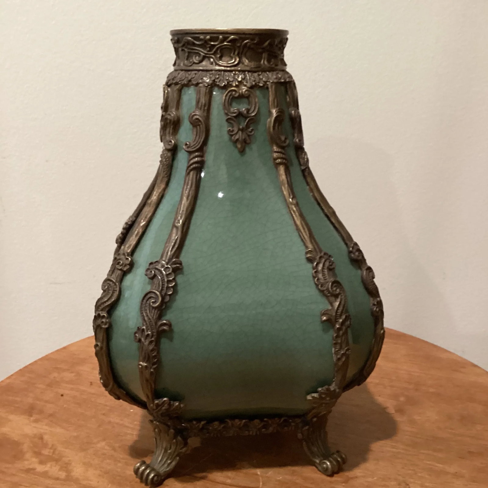 Vintage Emerald Crackled Porcelain Footed Vase/Amphora Urn With Bronze Mount - 2