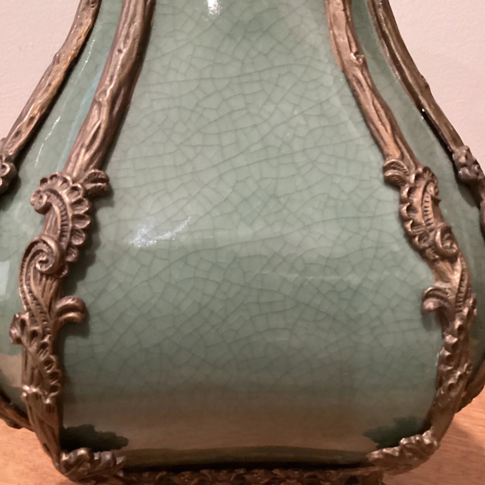 Vintage Emerald Crackled Porcelain Footed Vase/Amphora Urn With Bronze Mount - 3
