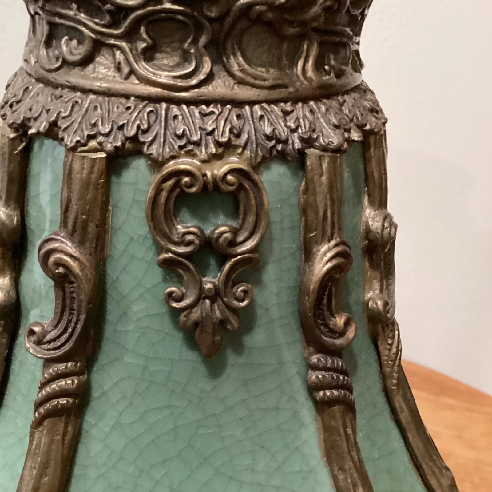 Vintage Emerald Crackled Porcelain Footed Vase/Amphora Urn With Bronze Mount - 6