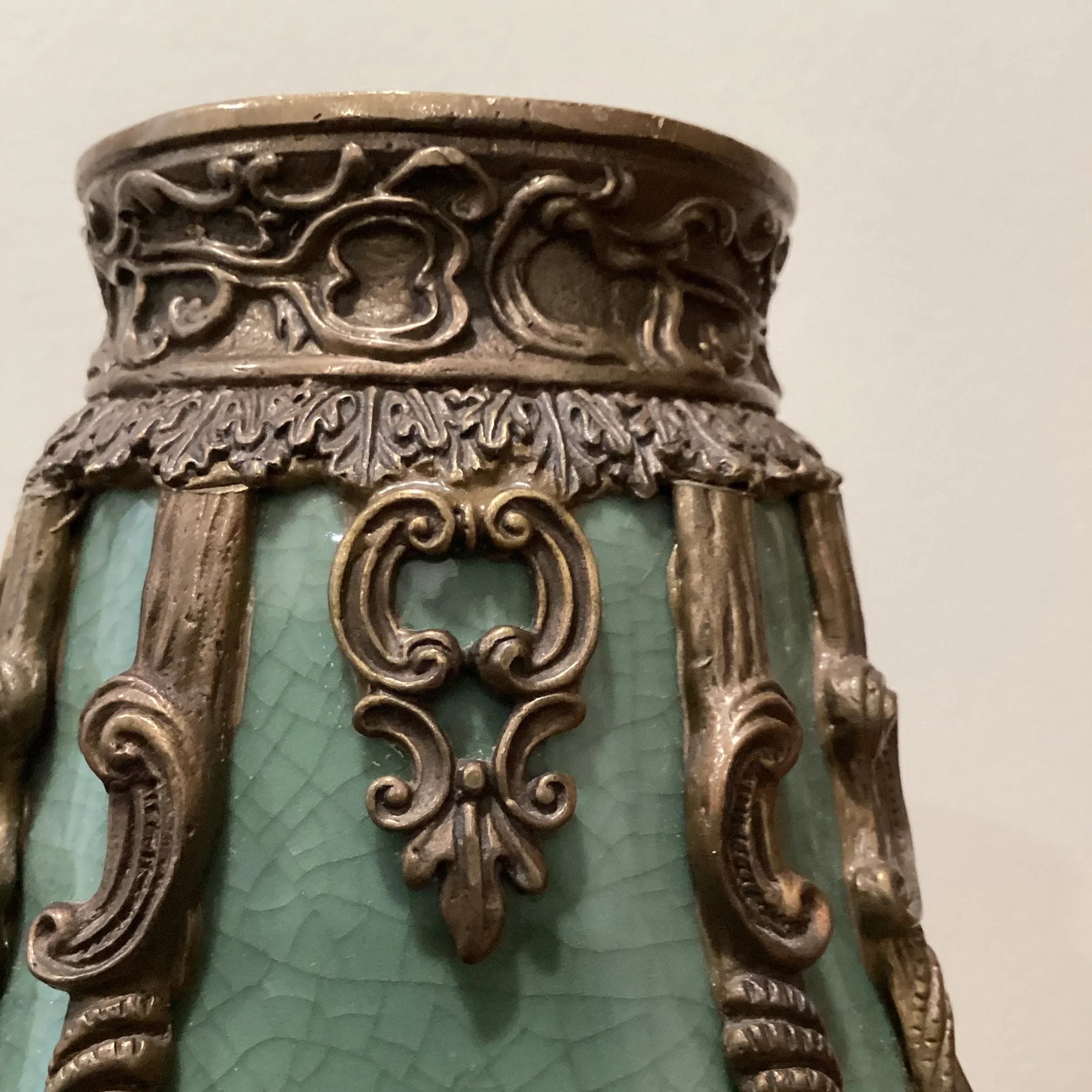 Vintage Emerald Crackled Porcelain Footed Vase/Amphora Urn With Bronze Mount - 7