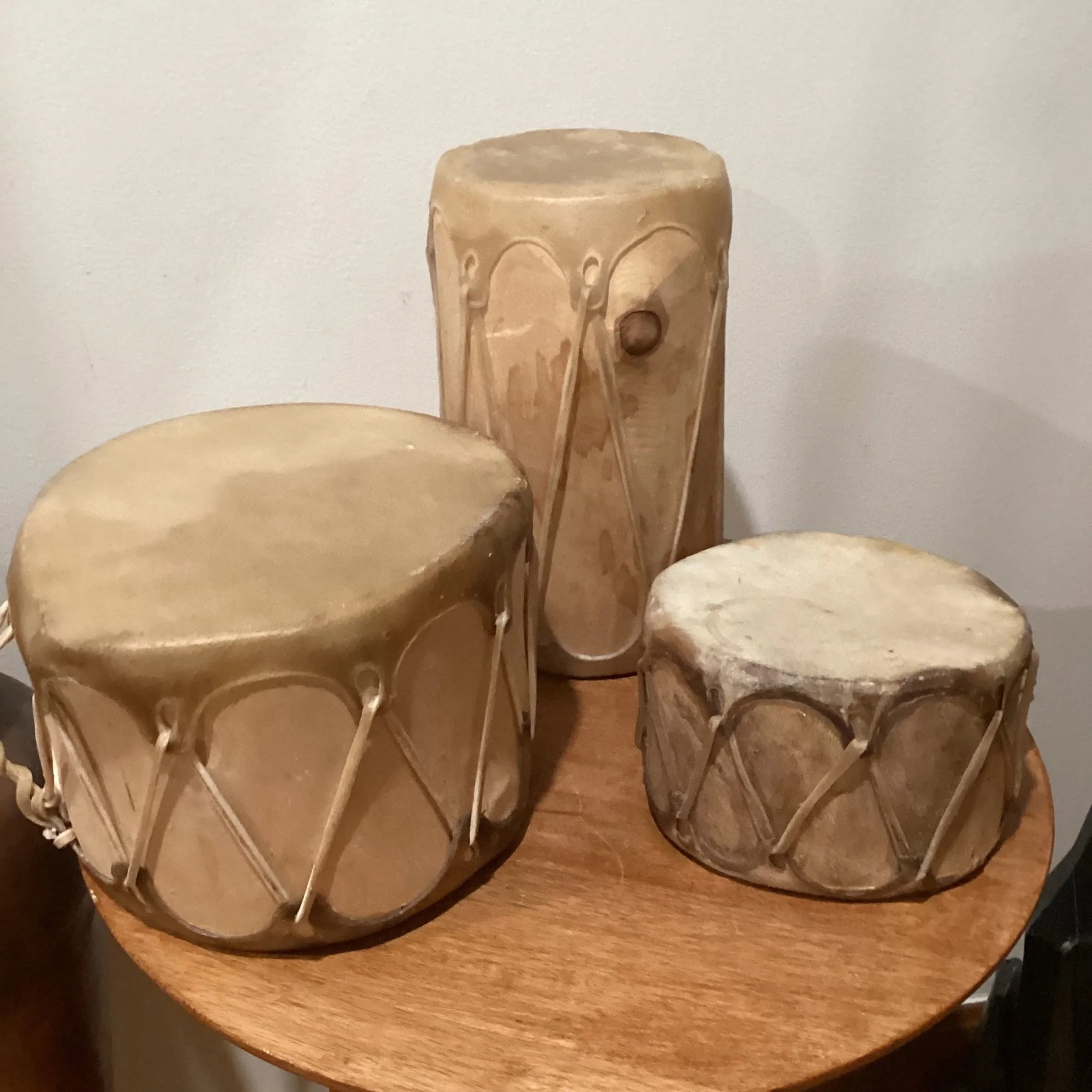 Vintage Musical Instrument Rawhide Tribal Leather Wooden Drum Set- 3 Pieces - 10