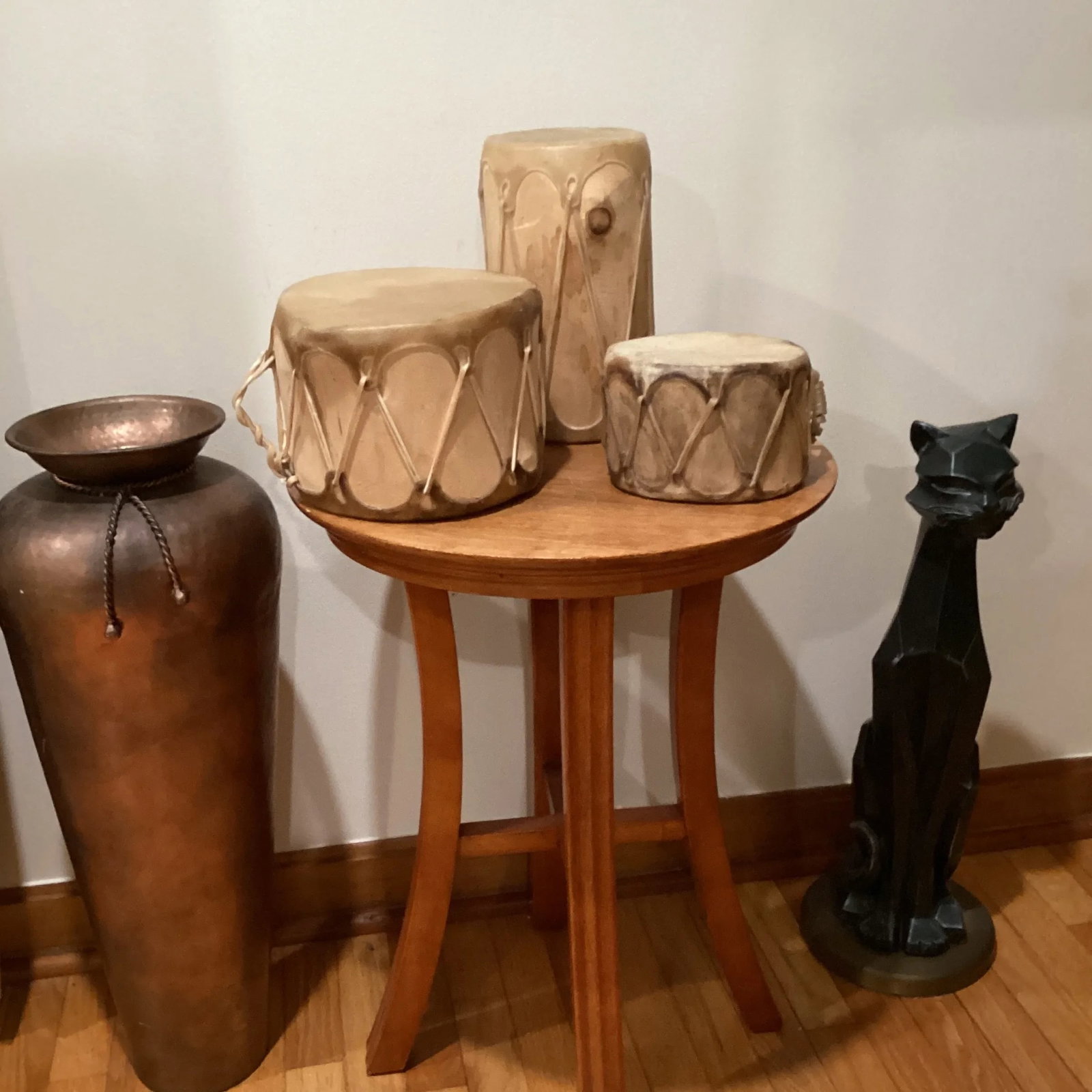 Vintage Musical Instrument Rawhide Tribal Leather Wooden Drum Set- 3 Pieces - 12