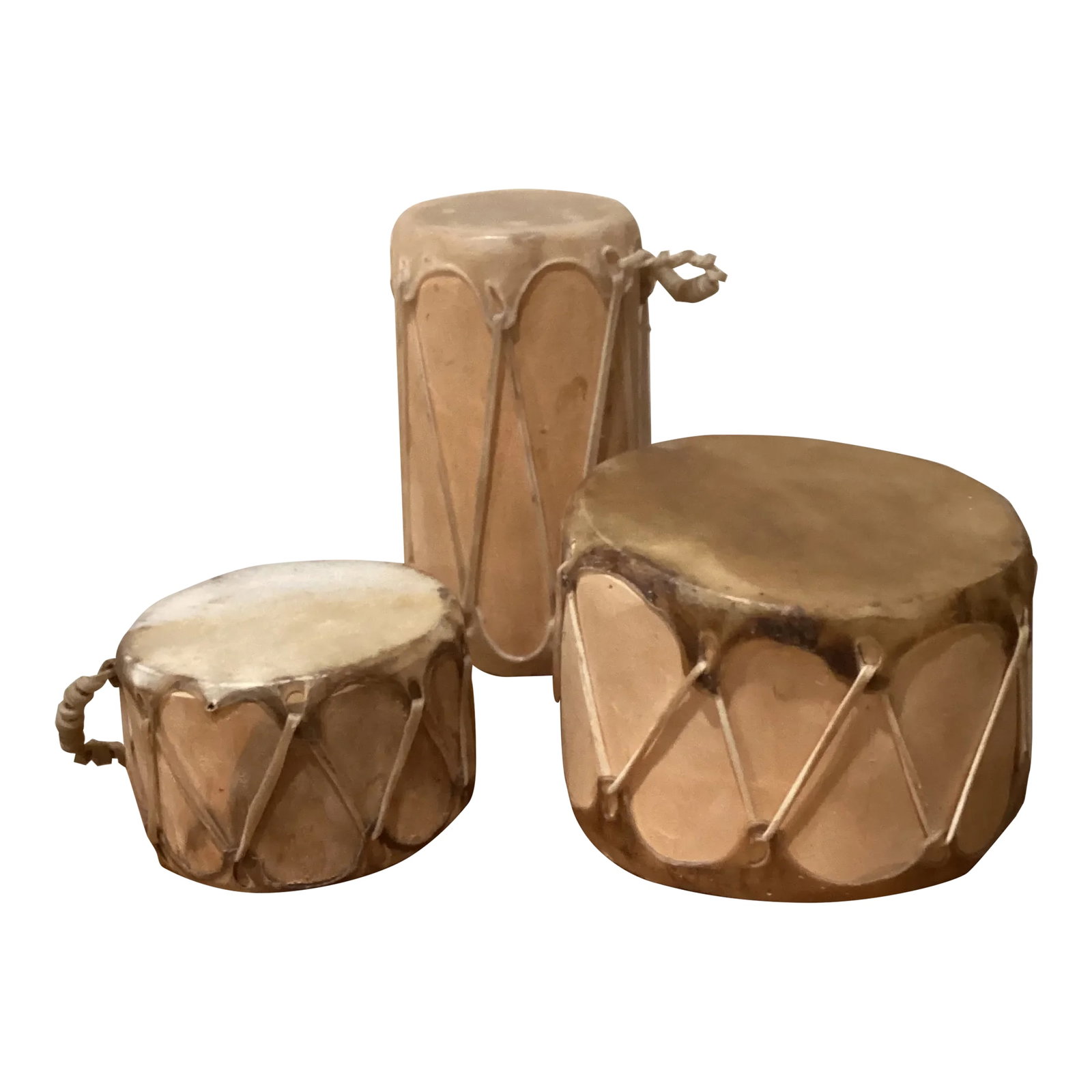 Vintage Musical Instrument Rawhide Tribal Leather Wooden Drum Set- 3 Pieces: Vintage Musical Instrument Rawhide Tribal Leather Wooden Drum Set 3 peace's. The hand carved wooden drums have a two-sided leather head, to beat on. Hand crafted using real wood slats and genuine