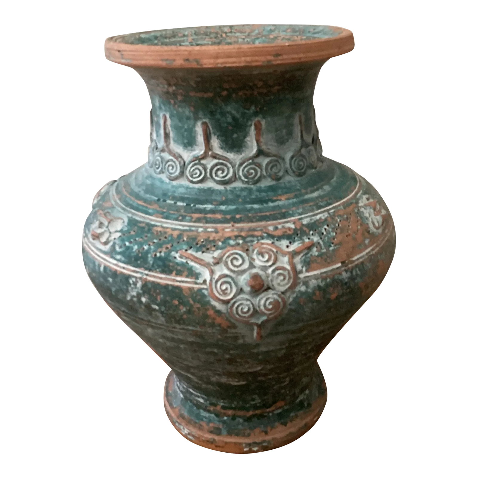 Early 20th Century Chinese Style Glazed Pottery Terracotta Green Vase: Antique stunning green glazed pottery Chinese vase/ vessel. This piece glows with history and its vibrant color. Condition: Alterations: Original Condition Unaltered Imperfections: Some Imperfections 