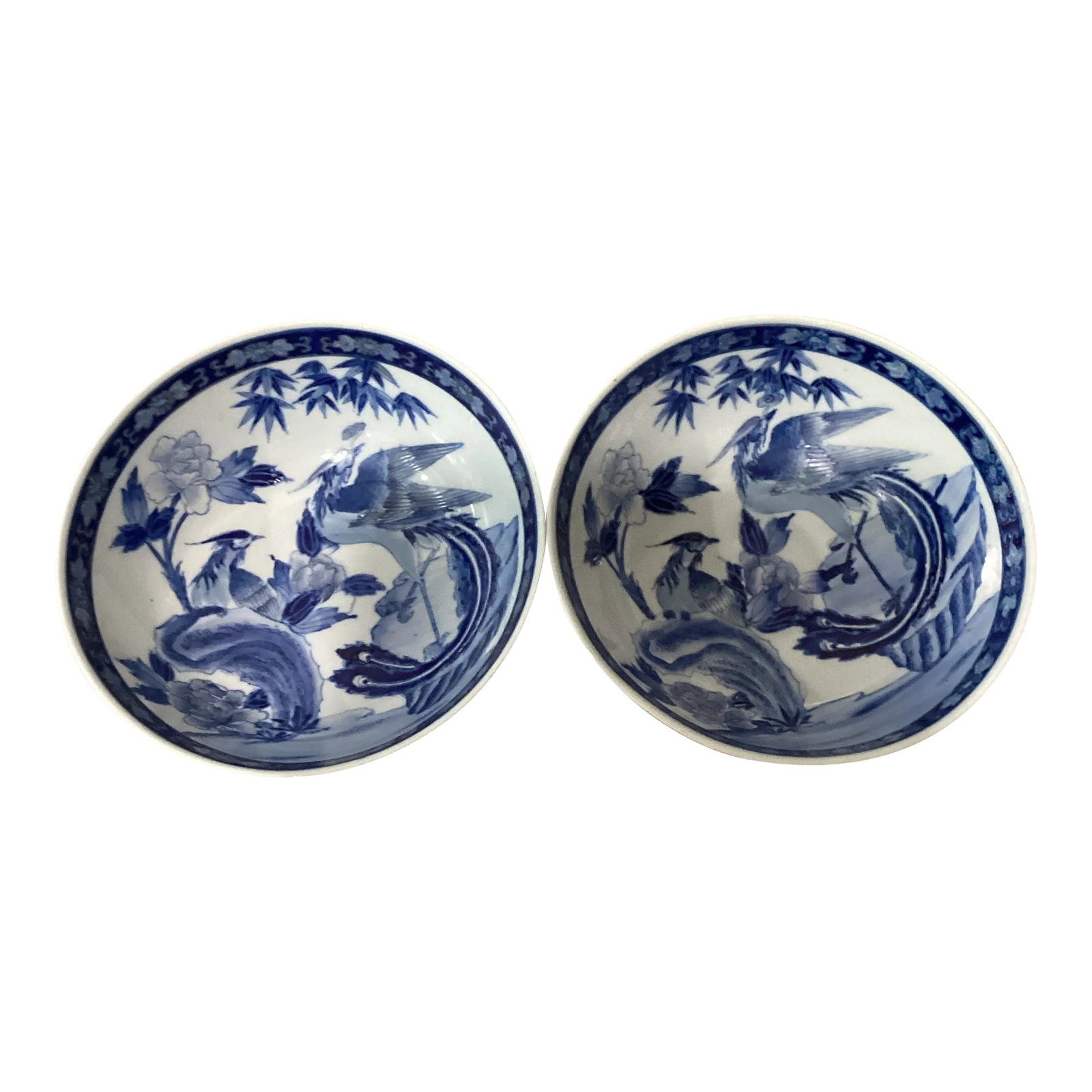Vintage Pair of Crane Patterned Chinese Blue & White Imperial Porcelain Bowls: Vintage Pair Oriental Chinese Blue & White Imperial Porcelain Bowls Crane Patterned Each decorated with two pairs of flying cranes within a decorated band encircling the interior rim, the base