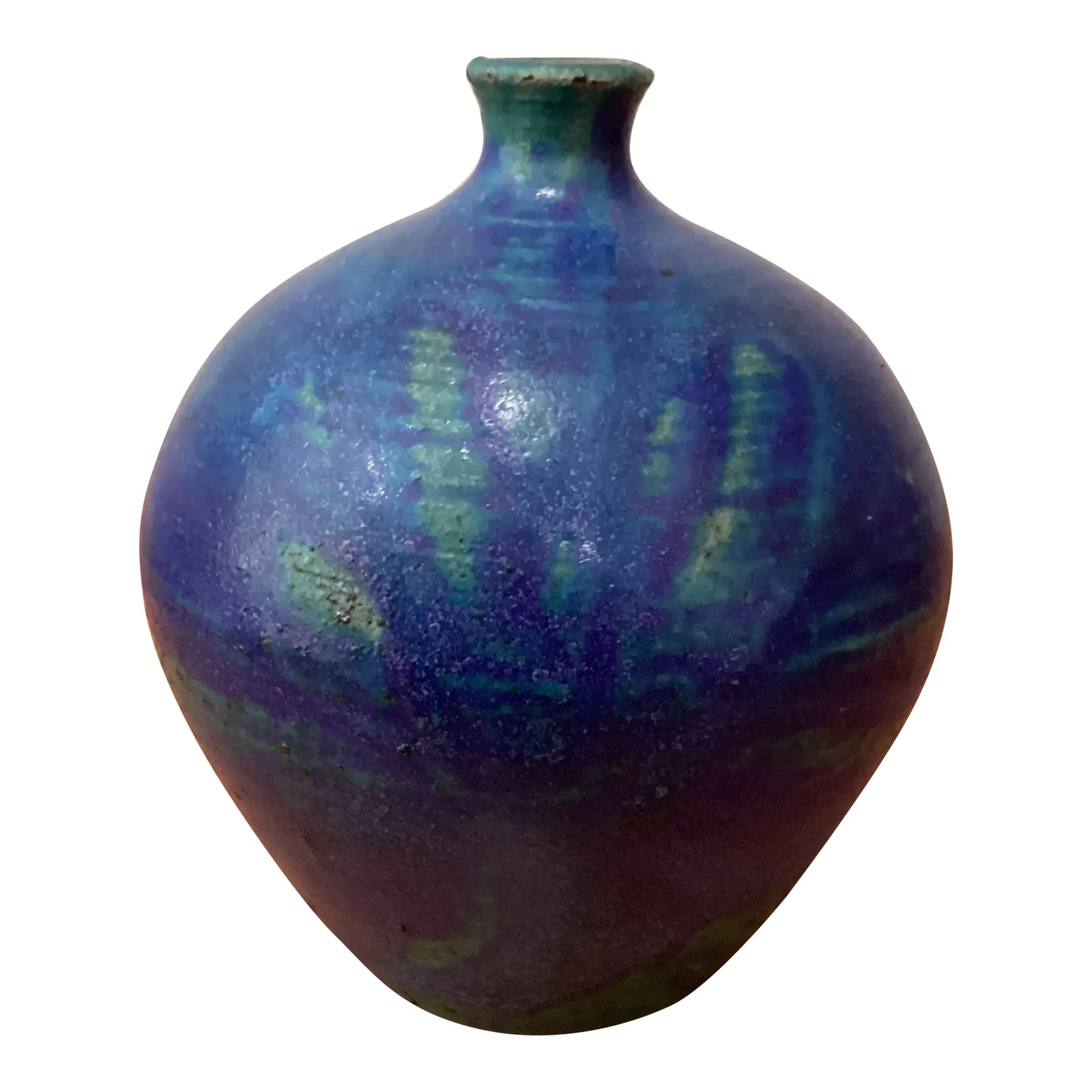Mid 20th Century Studio Pottery Stoneware Dark Blue & Green Ombre Small Neck Vase With Makers Mark: Vintage Dark Blue& Green ombre Small Neck Vase Signed by Artist Wonderful depth of color. Perfect for any mantle or table. Condition: Alterations: Original Condition Unaltered Imperfections: Some