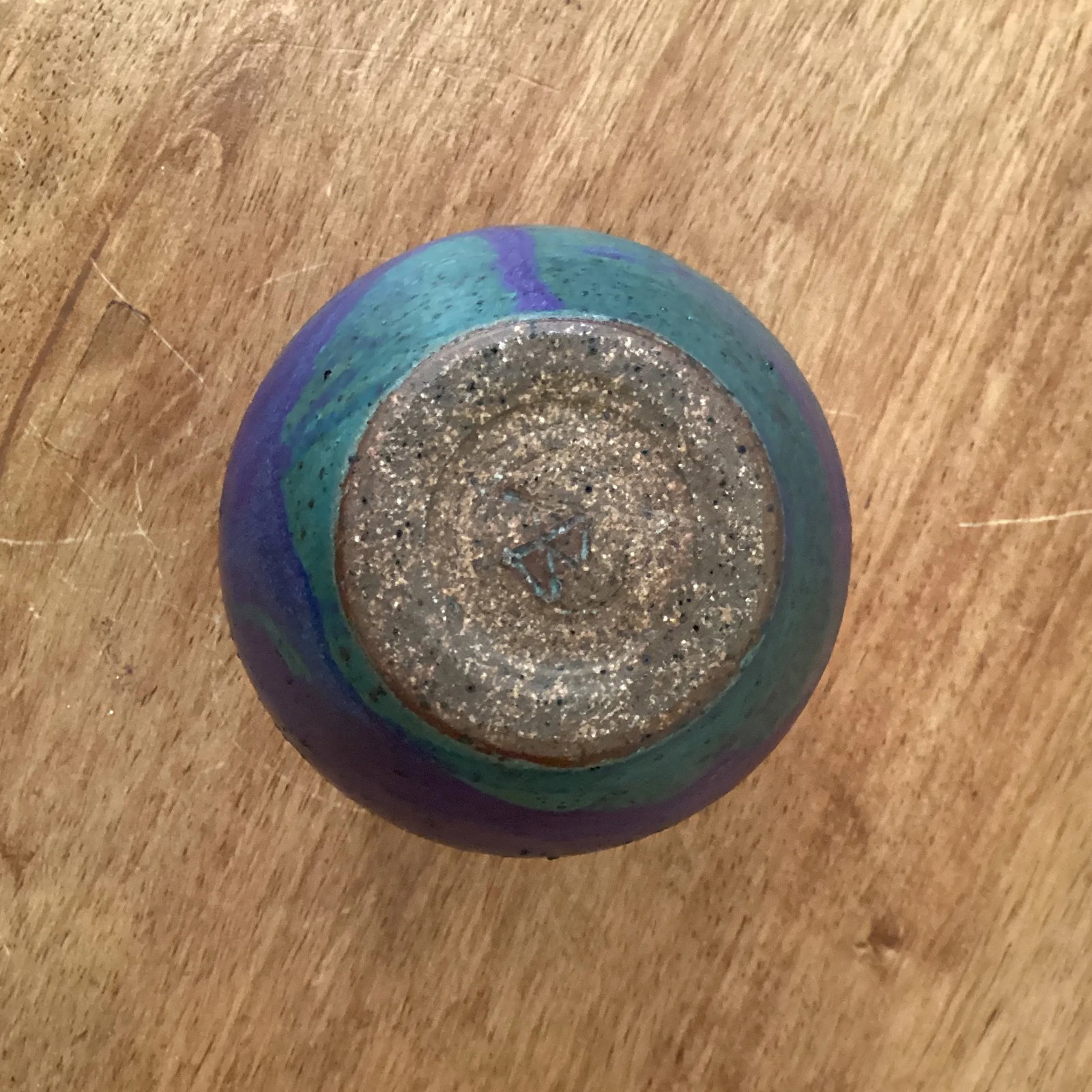 Mid 20th Century Studio Pottery Stoneware Dark Blue & Green Ombre Small Neck Vase With Makers Mark - 6