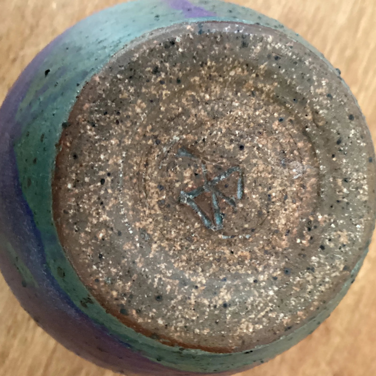 Mid 20th Century Studio Pottery Stoneware Dark Blue & Green Ombre Small Neck Vase With Makers Mark - 7