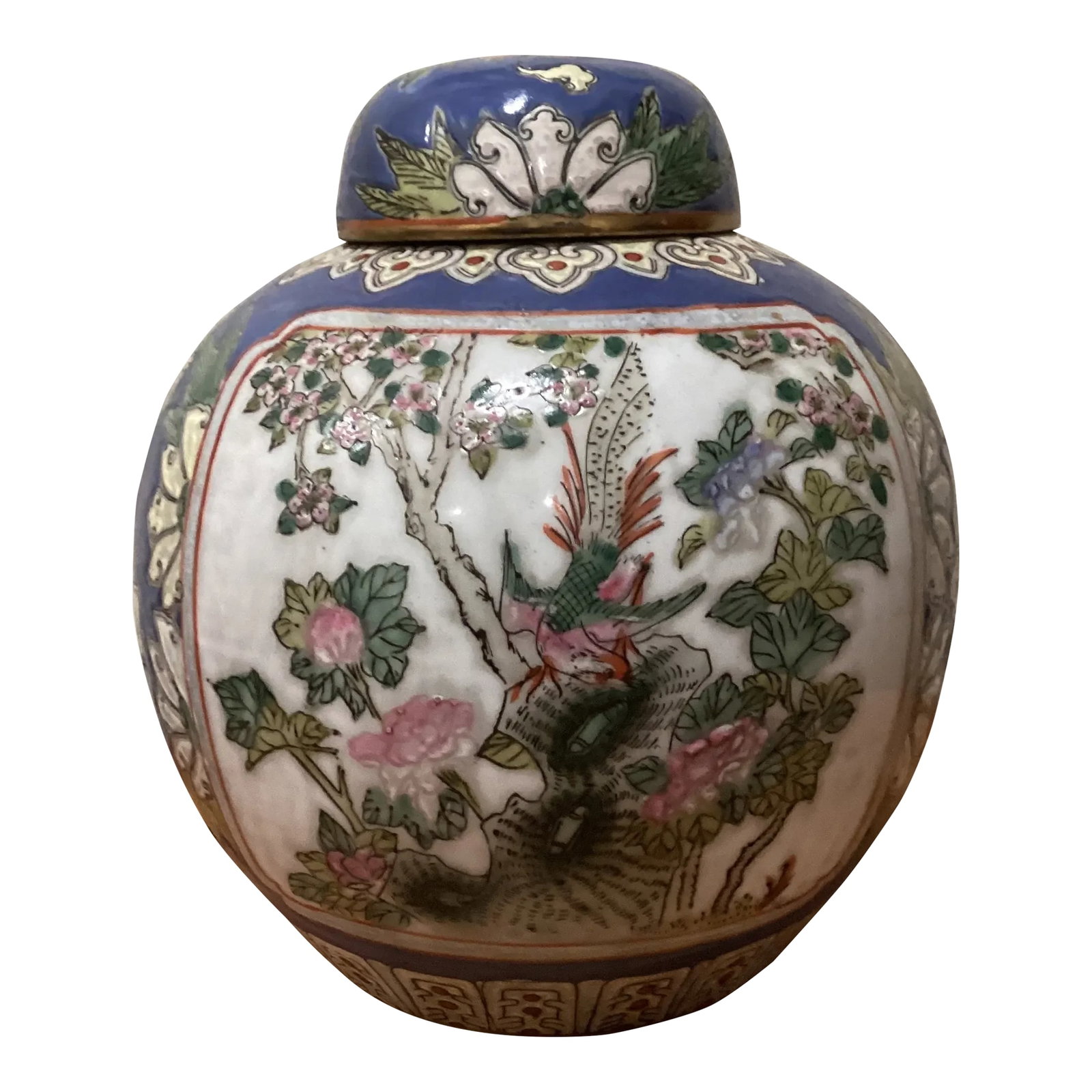 Vintage Chinese Porcelain Covered Ginger Jar With Six Character Marks: Exquisite Chinese porcelain covered ginger jar, hand-painted lidded pot featuring a vibrant cobalt-blue background with detailed foliage and 'Famille Rose' (or Fencai) motifs in a colorful palette