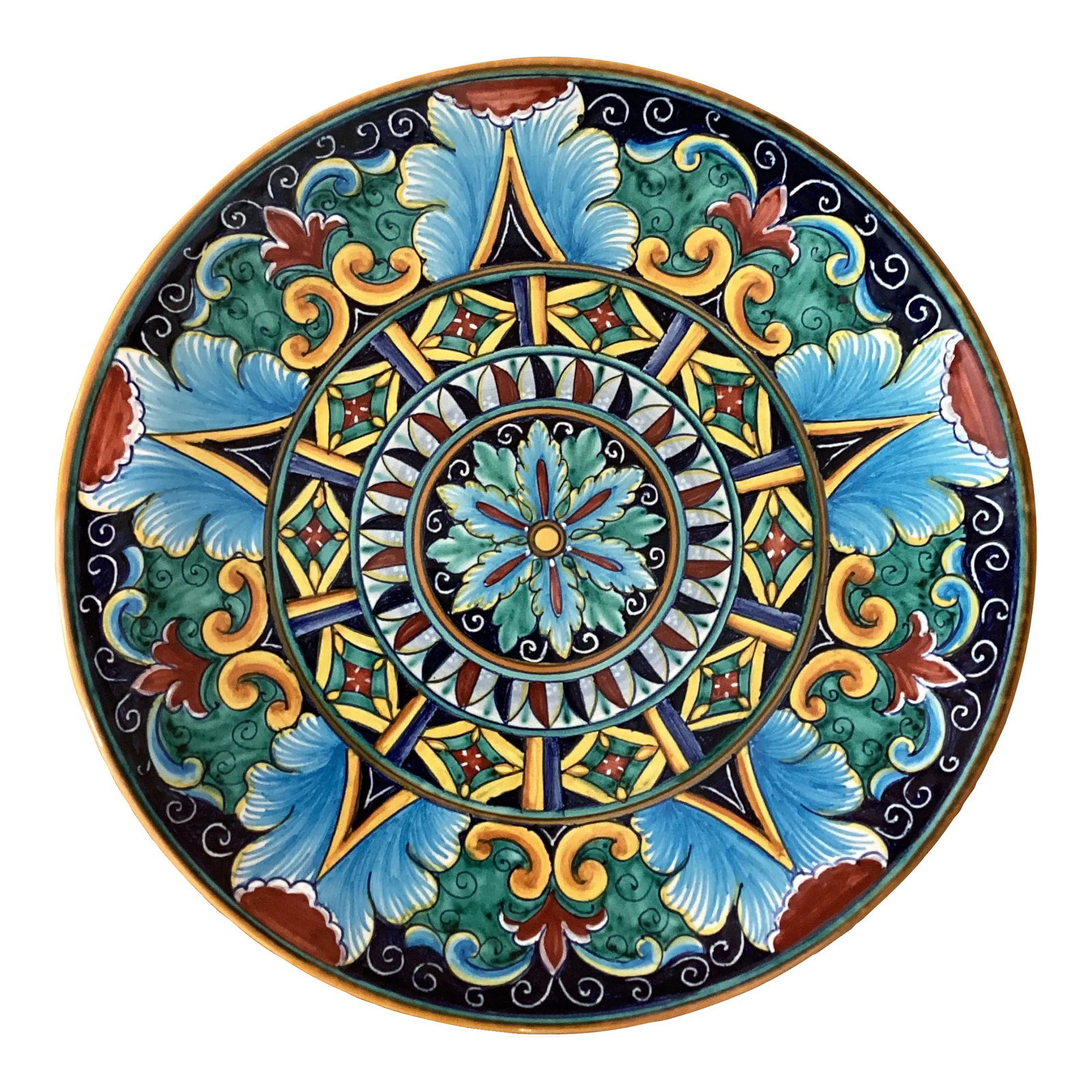 Vintage Deruta Pina Ceramica Geometrico Decorative Plate, Signed Deruto Amano Italy: Italian pottery wall plate hand painted by expert decorators of Deruta. This is a dish full of handwork by amazing painters who used various shades of colors to make it. The yellow, red, blue and all