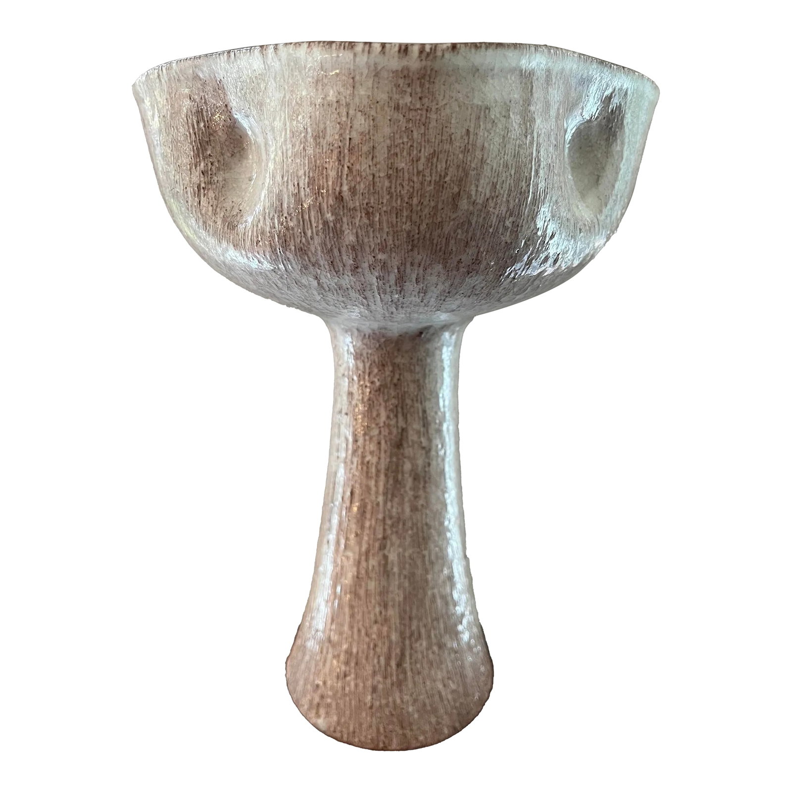 Mid-Century Japanese Ikebana Glazed Stoneware Pedestal Vase With Marking on Base: Mid-Century Japanese Ikebana Glazed Stoneware Pedestal Vase with Marking on Base. Also referred to as a chalice vase. Could be used as a decorative piece or to hold a floating candle or flower or