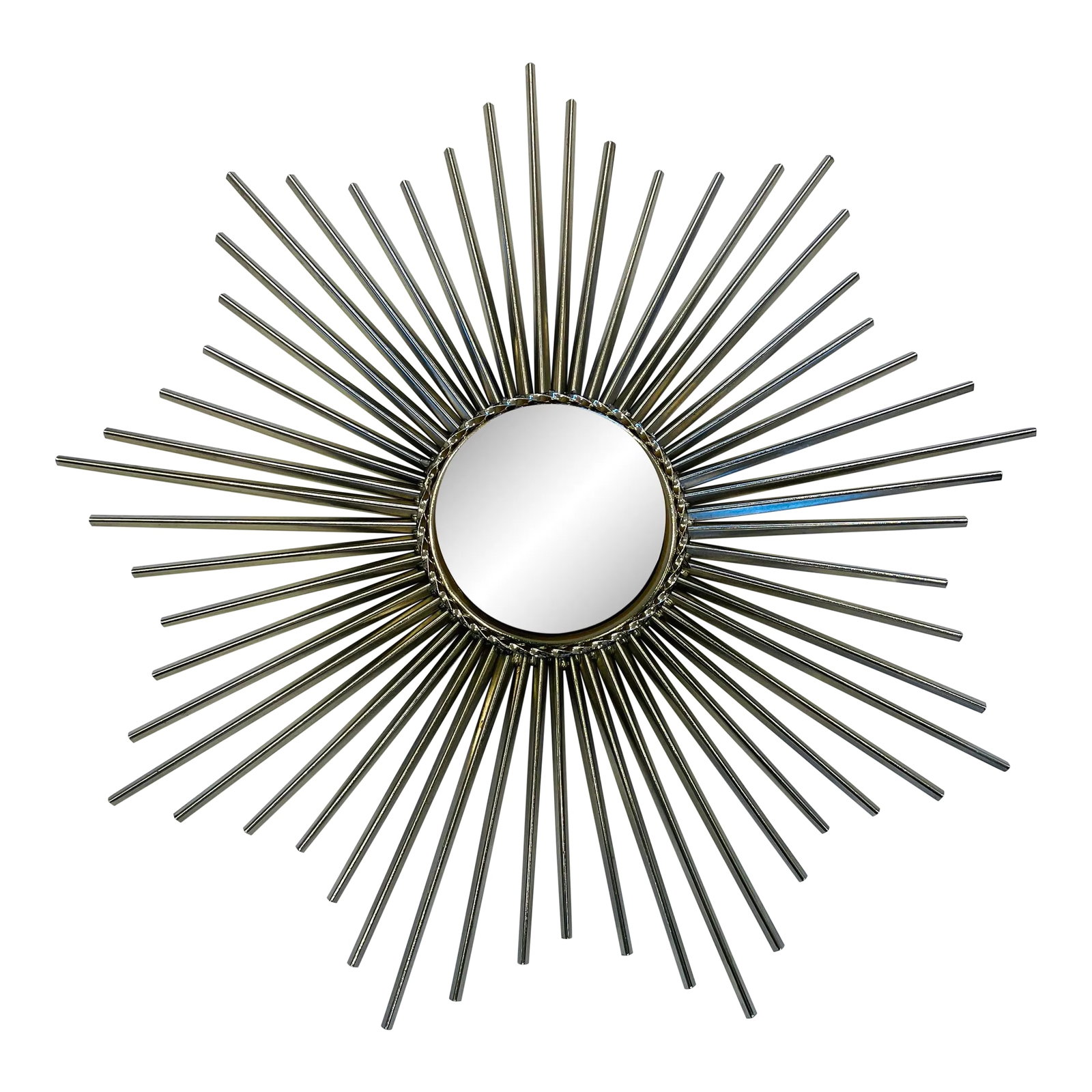 1990s Blazing Star Mirror: This silver tone mirror has a convex glass mirror in the center 24 inch diameter We have seen many gold tone mirrors in this style but this is the only silver one we have seen Condition: Alterations: