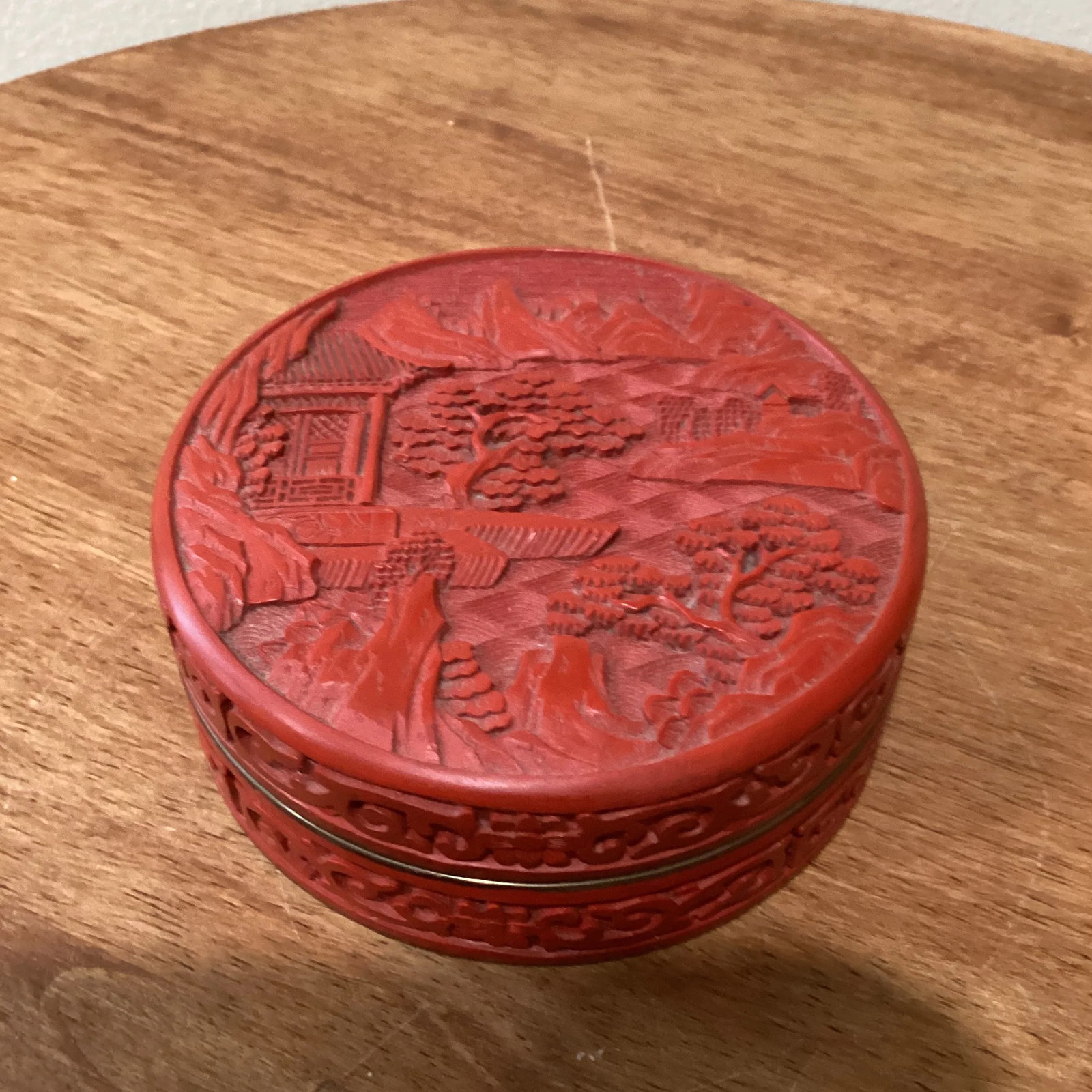 Late 19th Century Antique Small Carved Cinnabar Lacquer 'Scholar' Circular Box and Cover - 2