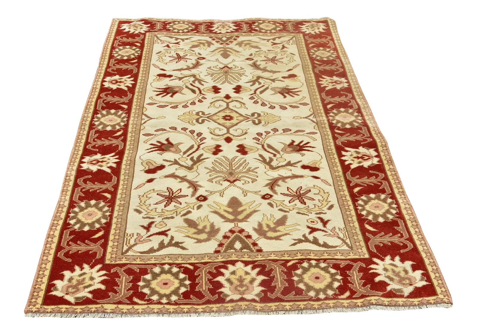1980s Turkish Hand Knotted Oushak Area Rug: Size: 4.1 x 6.4 ft (124 x 196 cm) 49 x 77 inches Color: Red, Beige Cream Light Green Material: 100% Wool Fast Shipping: Delivery in 1-3 Business Days. All rugs are handwoven by traditional tribes of