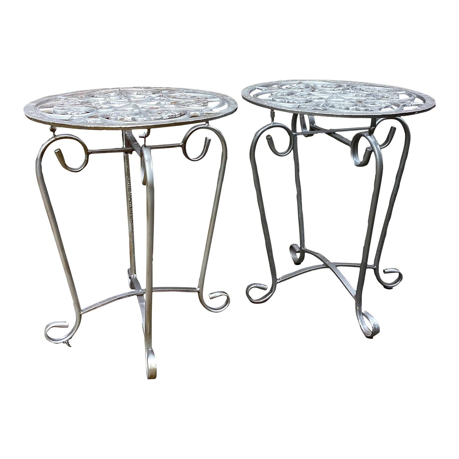 Mid 20th Century French Style Vintage Scrolled Wrought Iron Tables - Set of 2: High Quality Vintage Pair of Wrought Iron Plant Stands with Cabriole Legs painted in silver. This plant stands have showcased many amazing ideas for indoor or outdoor. Condition: Alterations: