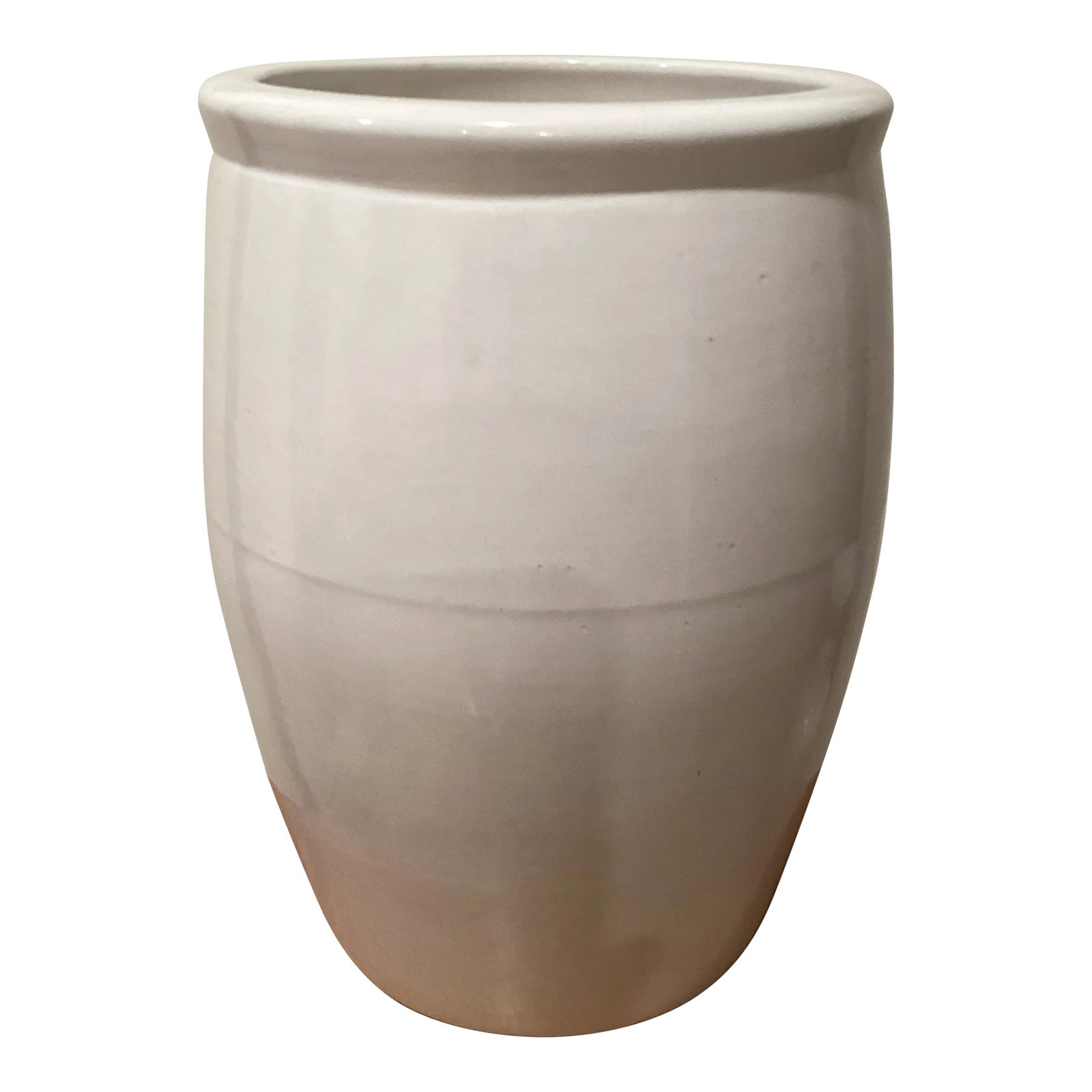 Contemporary Ceramic Glossy and Glazed Jar Planter: This ceramic jar planter is handcrafted and finished in a glossy white glaze. Made from heavy and durable red clay. Can be used both indoors and outdoors. Starting at 16" wide just below the mouth of