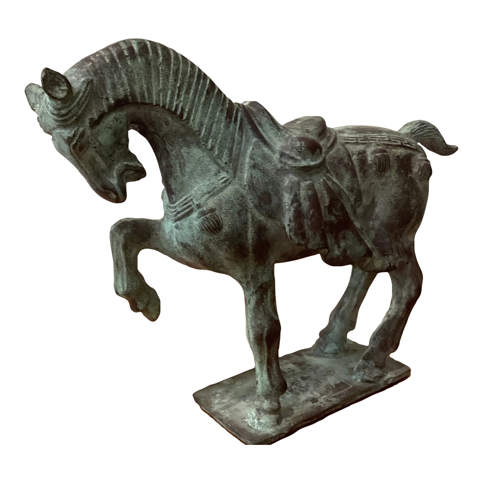 Early 20th Century Tang Dynasty-Style War Horse Metal Sculpture on Pedestal, Artist Signed: Mid 20th Century Tang Dynasty style Horse Sculpture with lovely patina This Vintage Chinese War Horse Statue using techniques reminiscent of the Tang Dynasty, showcases the enduring legacy of ancient 