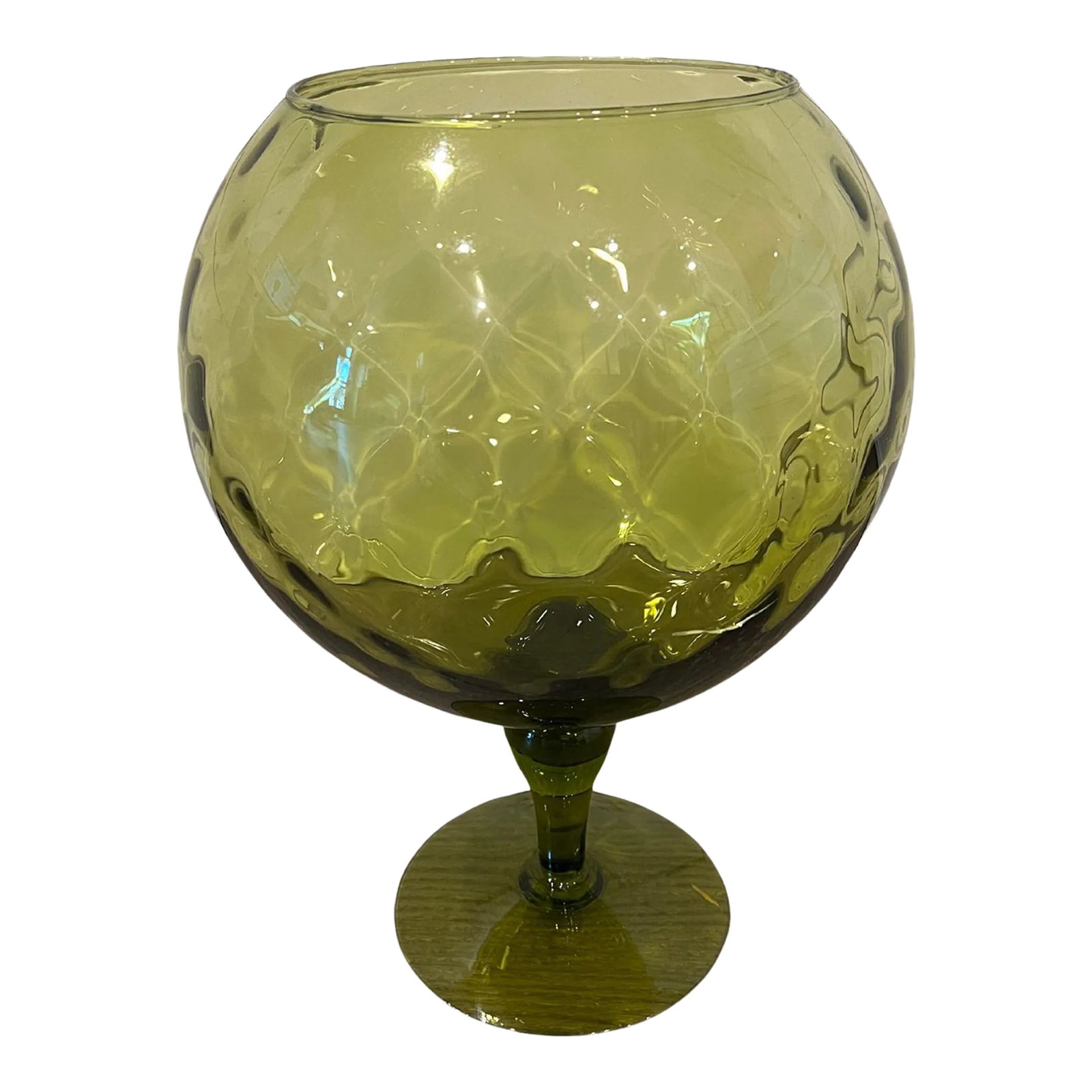 1960s Italian Green Glass Footed Vase: Vintage Italian Green Glass Footed Vase, Circa 1960s. Shapely foot with facets inside the bowl creating a beautiful refraction of light. The outside of the bowl is smooth. Glass is thick. Perfect for 